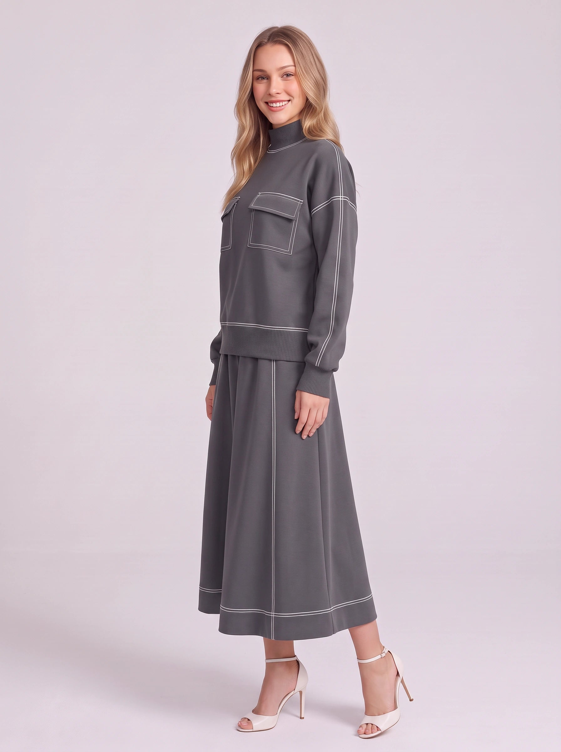 Contrix Turtleneck Wide-Leg Loungewear Set – Two Piece Sets Women Sweat Set Lounge Sets Ribbed Midi Skirt