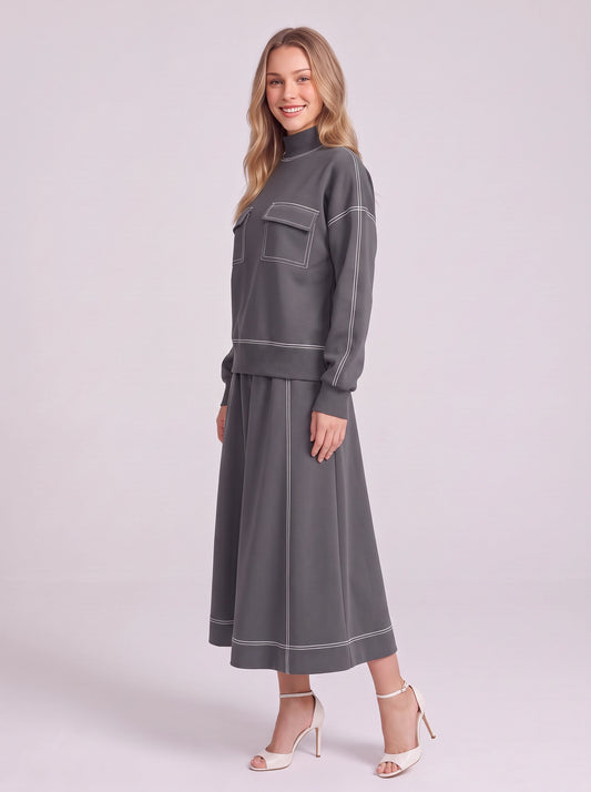 Contrix Turtleneck Wide-Leg Loungewear Set – Two Piece Sets Women Sweat Set Lounge Sets Ribbed Midi Skirt