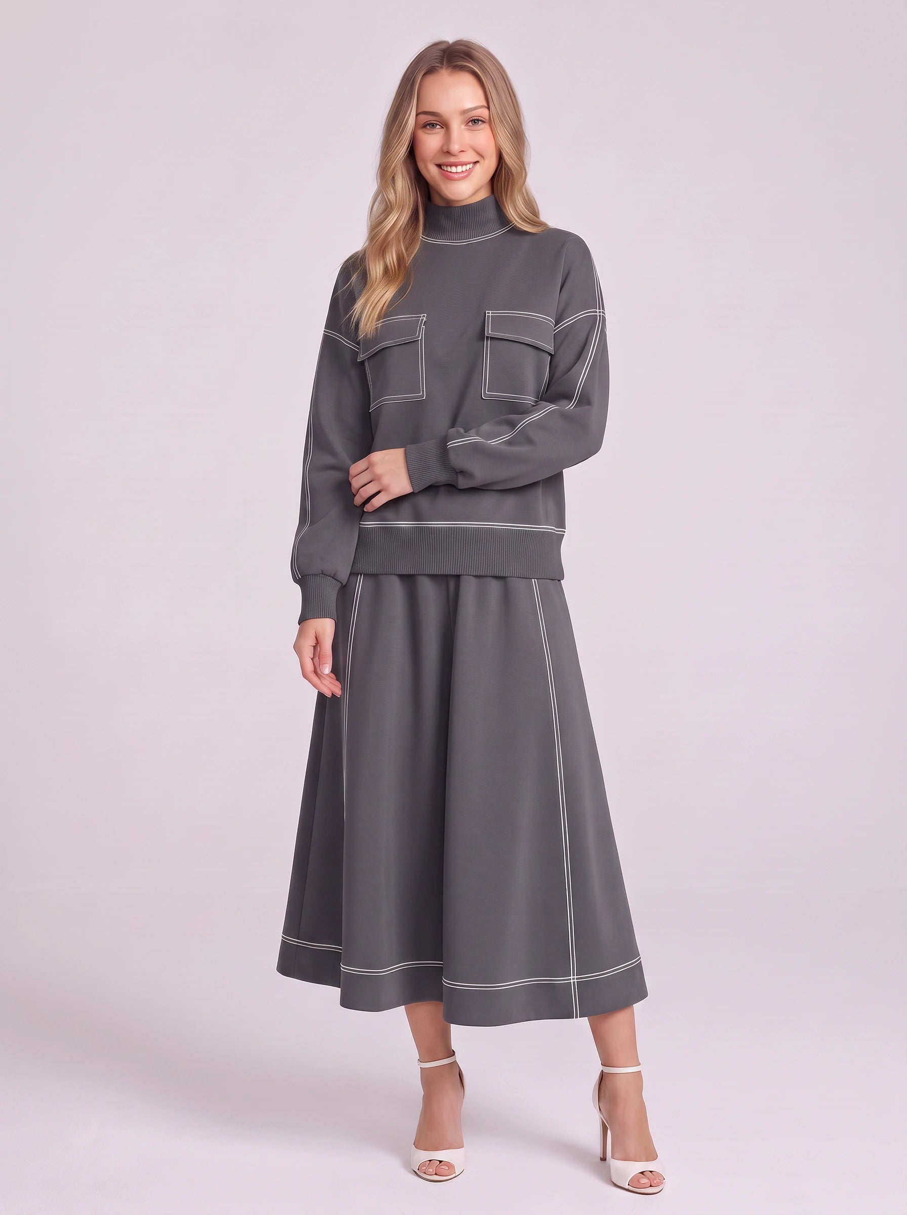 Contrix Turtleneck Wide-Leg Loungewear Set – Two Piece Sets Women Sweat Set Lounge Sets Ribbed Midi Skirt