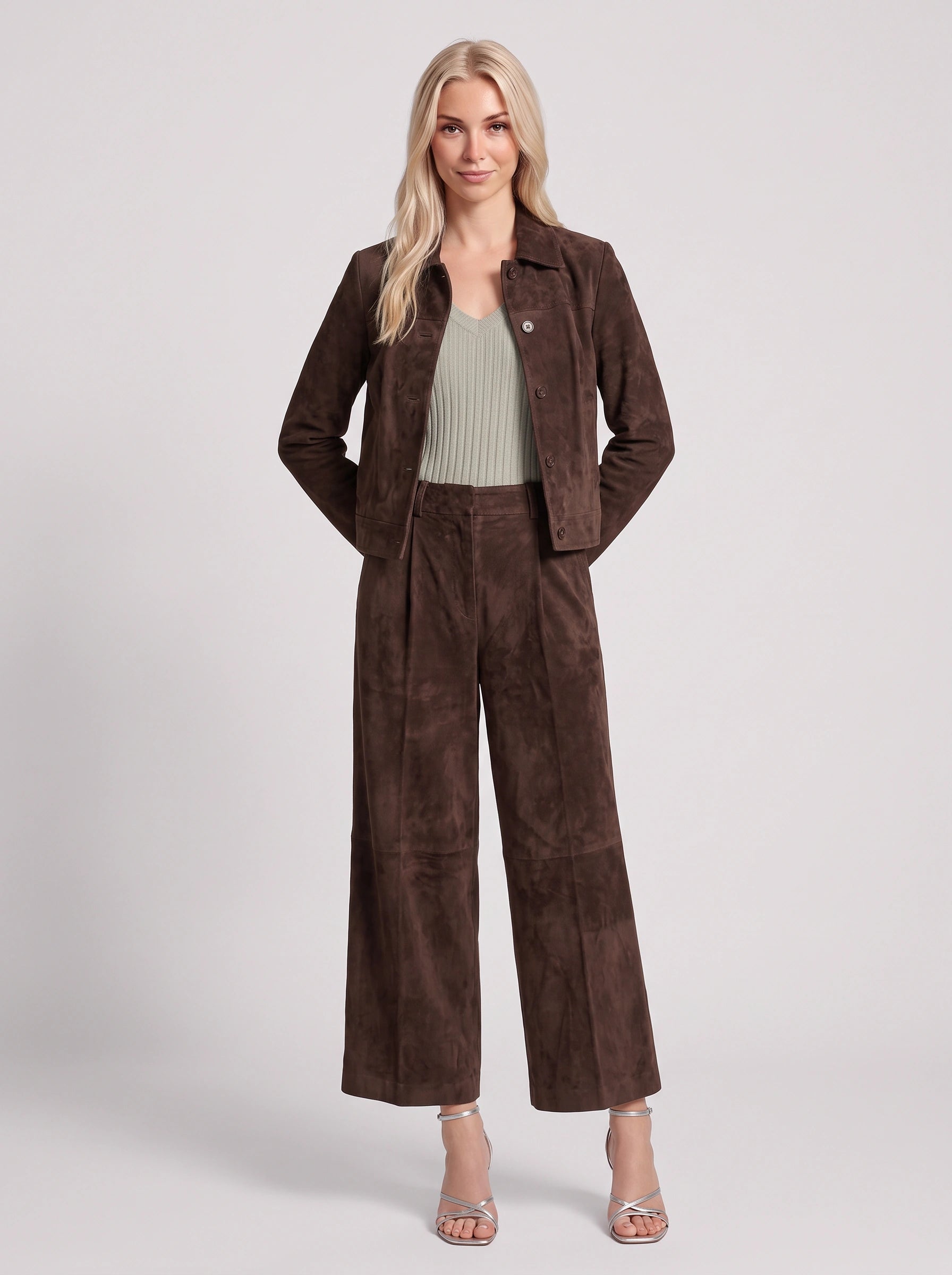 Camoscuro Tailored Jacket Wide-Leg Trouser Set – Faux Suede Two Piece Sets Women Matching Lounge Sets Office Work Casual Loungewear
