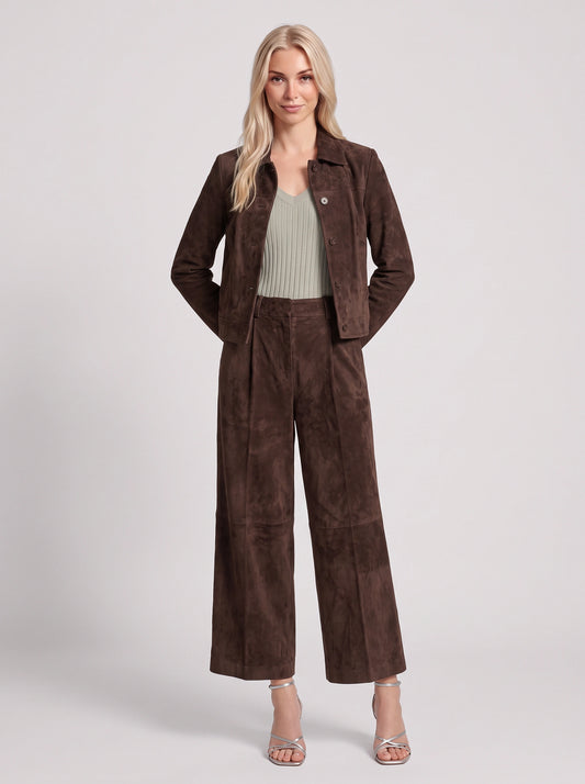 Camoscuro Tailored Jacket Wide-Leg Trouser Set – Faux Suede Two Piece Sets Women Matching Lounge Sets Office Work Casual Loungewear