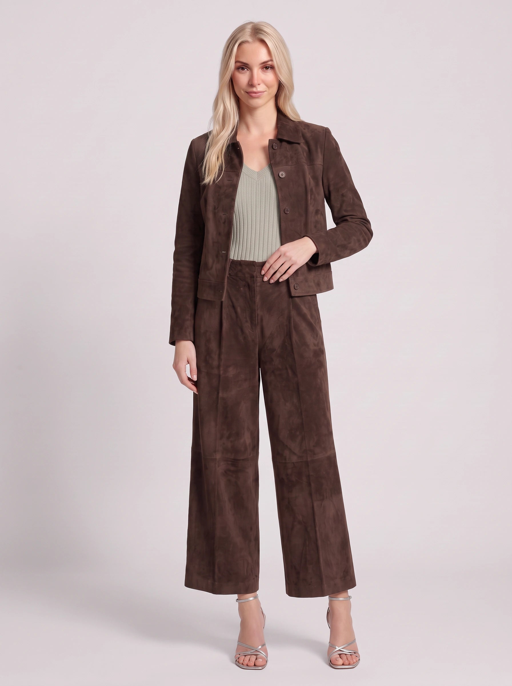 Camoscuro Tailored Jacket Wide-Leg Trouser Set – Faux Suede Two Piece Sets Women Matching Lounge Sets Office Work Casual Loungewear