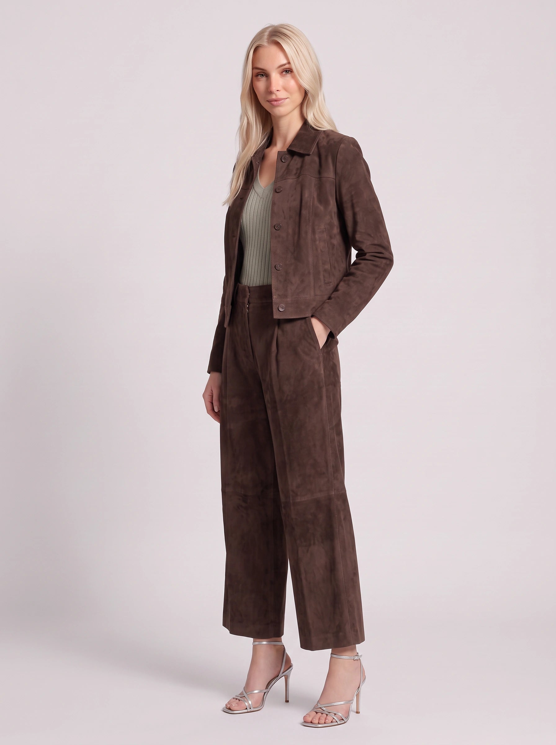 Camoscuro Tailored Jacket Wide-Leg Trouser Set – Faux Suede Two Piece Sets Women Matching Lounge Sets Office Work Casual Loungewear