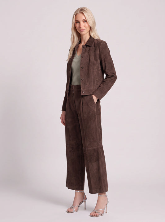 Camoscuro Tailored Jacket Wide-Leg Trouser Set – Faux Suede Two Piece Sets Women Matching Lounge Sets Office Work Casual Loungewear