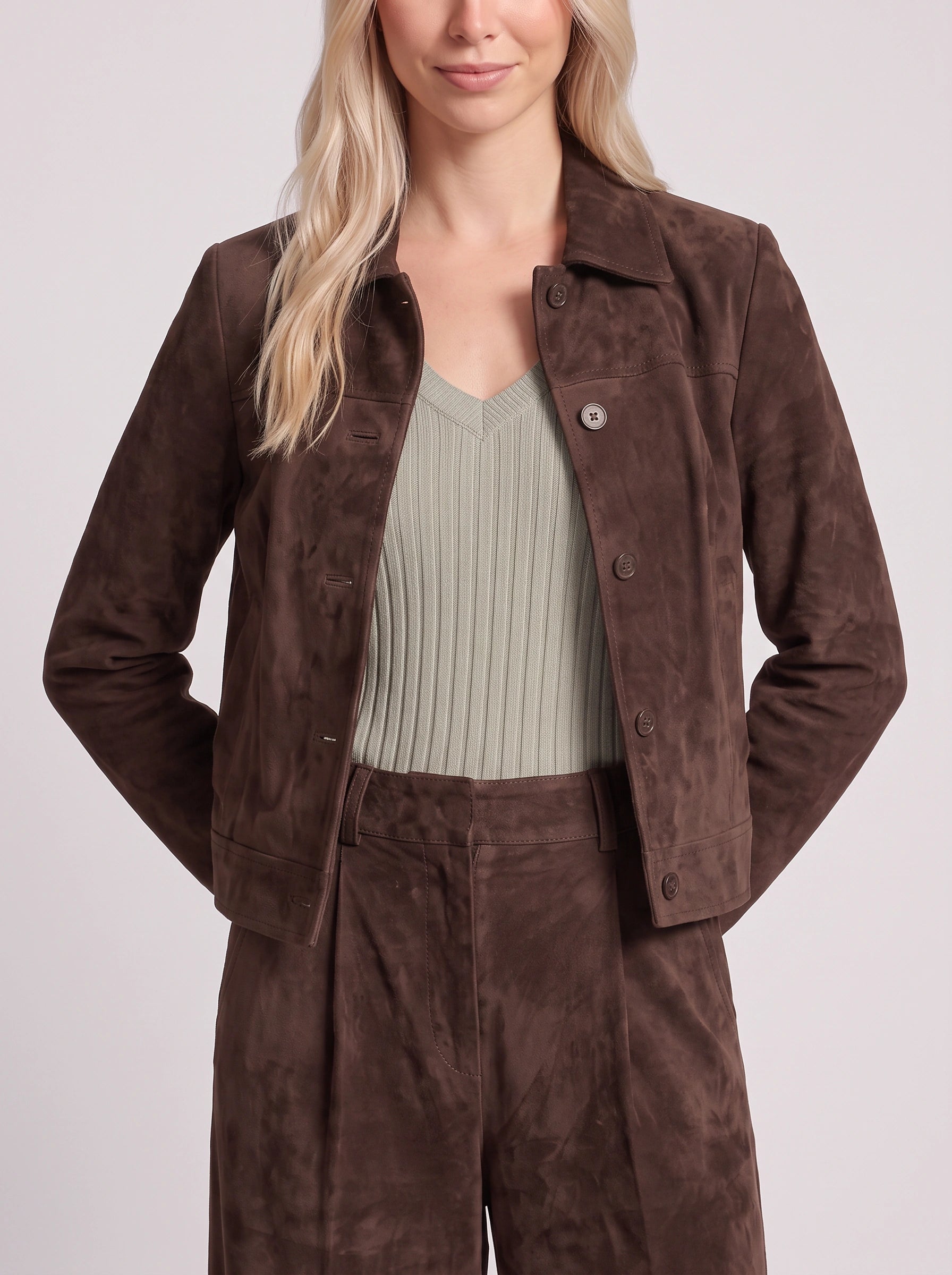 Camoscuro Tailored Jacket Wide-Leg Trouser Set – Faux Suede Two Piece Sets Women Matching Lounge Sets Office Work Casual Loungewear