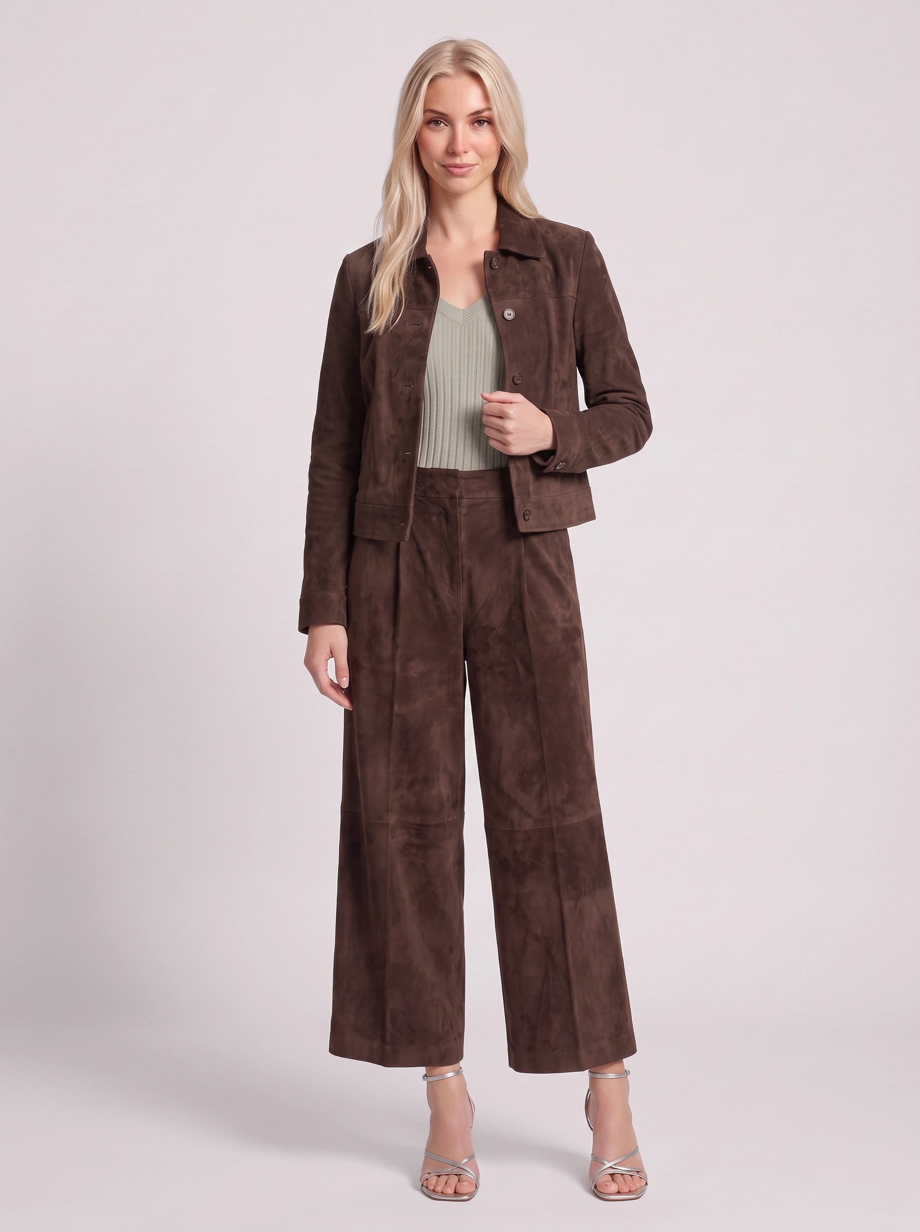 Camoscuro Tailored Jacket Wide-Leg Trouser Set – Faux Suede Two Piece Sets Women Matching Lounge Sets Office Work Casual Loungewear