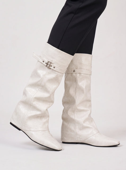 Torina Buckle Wedge Knee High Boots – Women Fall Boots Chelsea Knee High Leather Western Cowgirl Boots