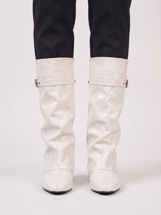 Torina Buckle Wedge Knee High Boots – Women Fall Boots Chelsea Knee High Leather Western Cowgirl Boots