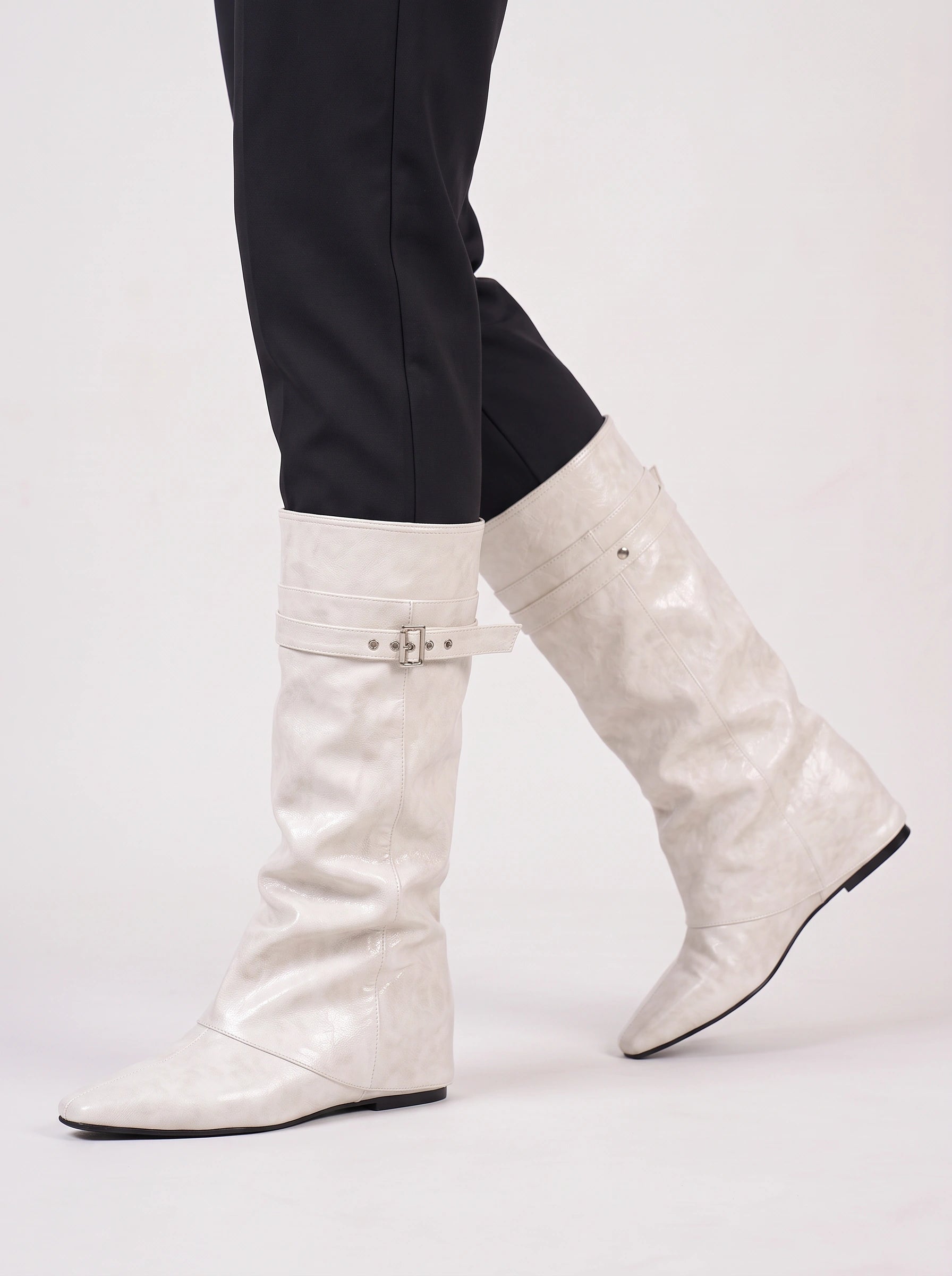 Torina Buckle Wedge Knee High Boots – Women Fall Boots Chelsea Knee High Leather Western Cowgirl Boots