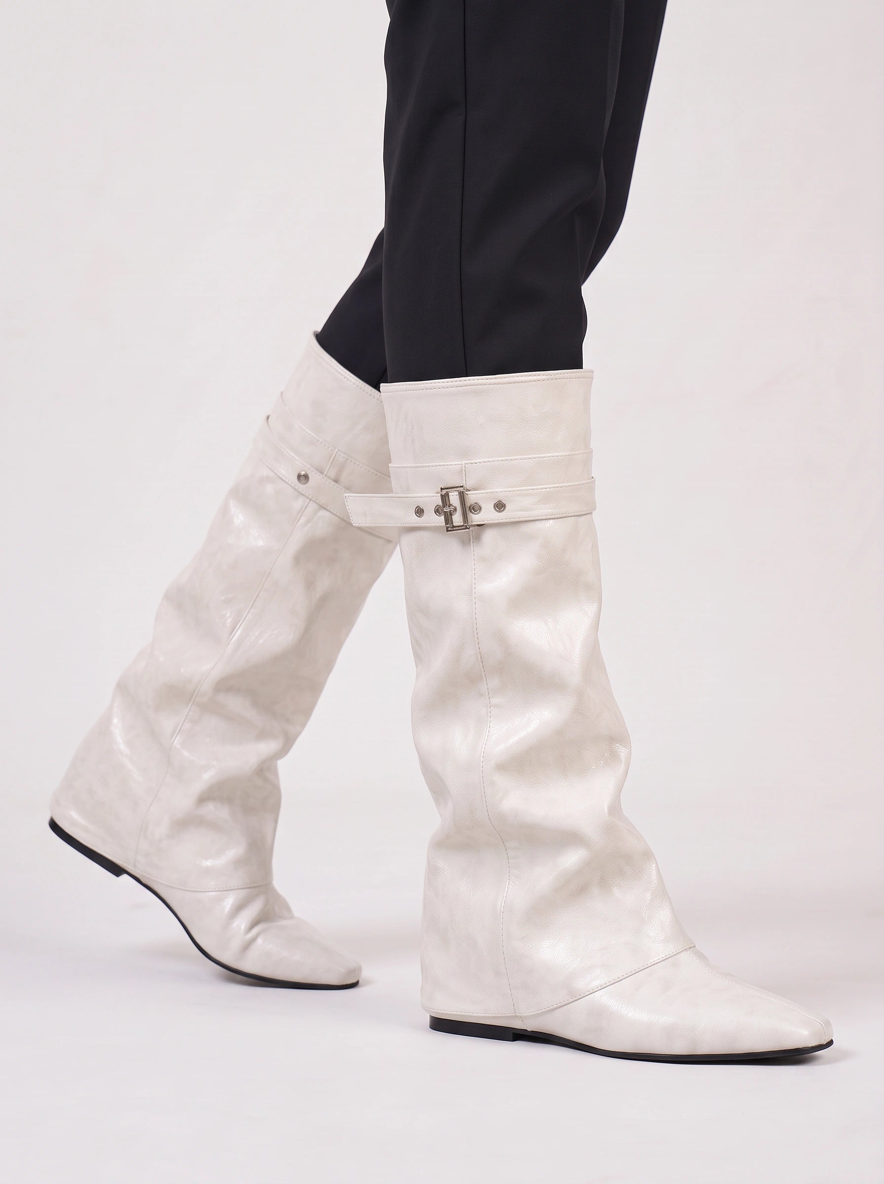 Torina Buckle Wedge Knee High Boots – Women Fall Boots Chelsea Knee High Leather Western Cowgirl Boots