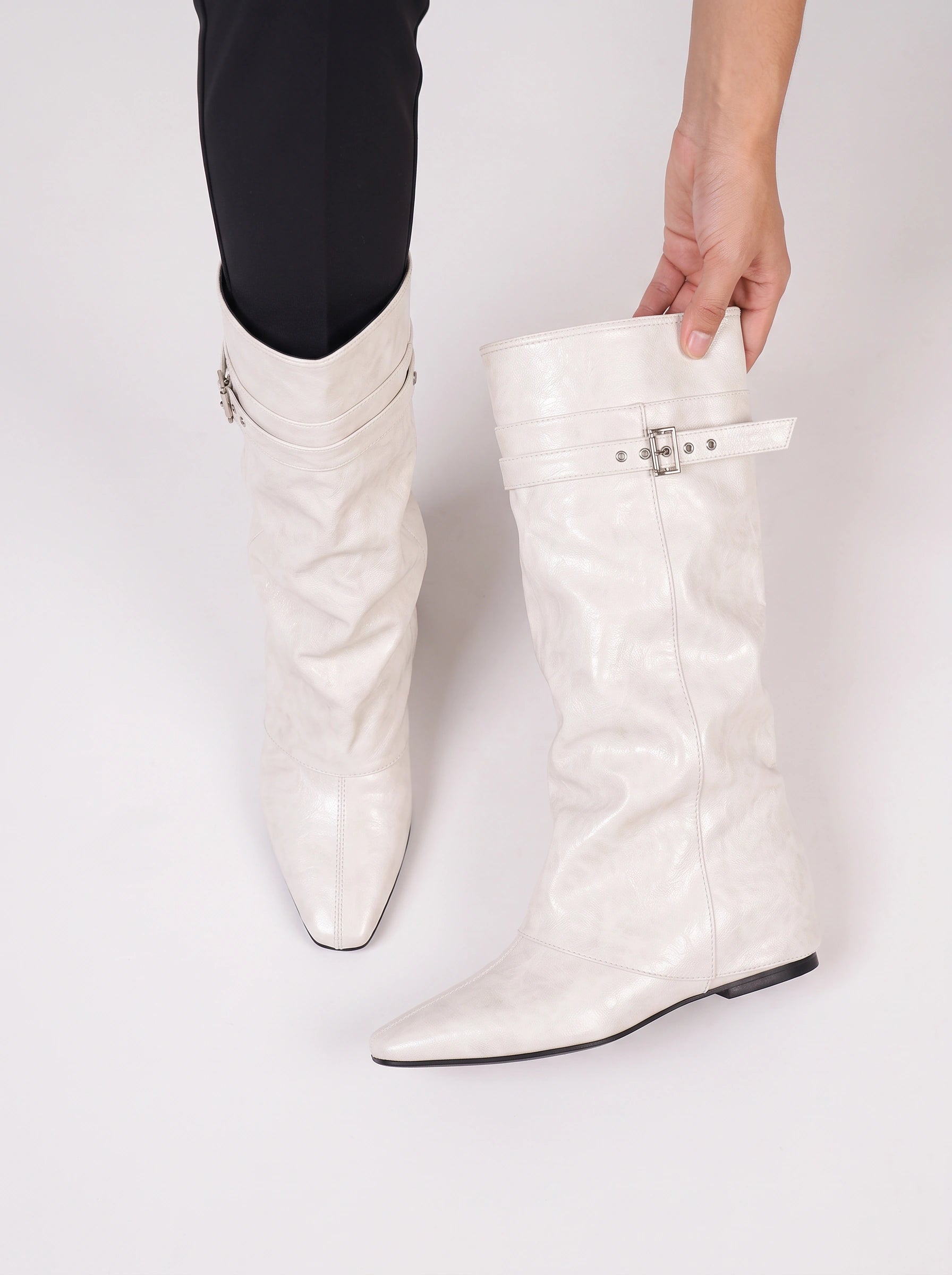 Torina Buckle Wedge Knee High Boots – Women Fall Boots Chelsea Knee High Leather Western Cowgirl Boots
