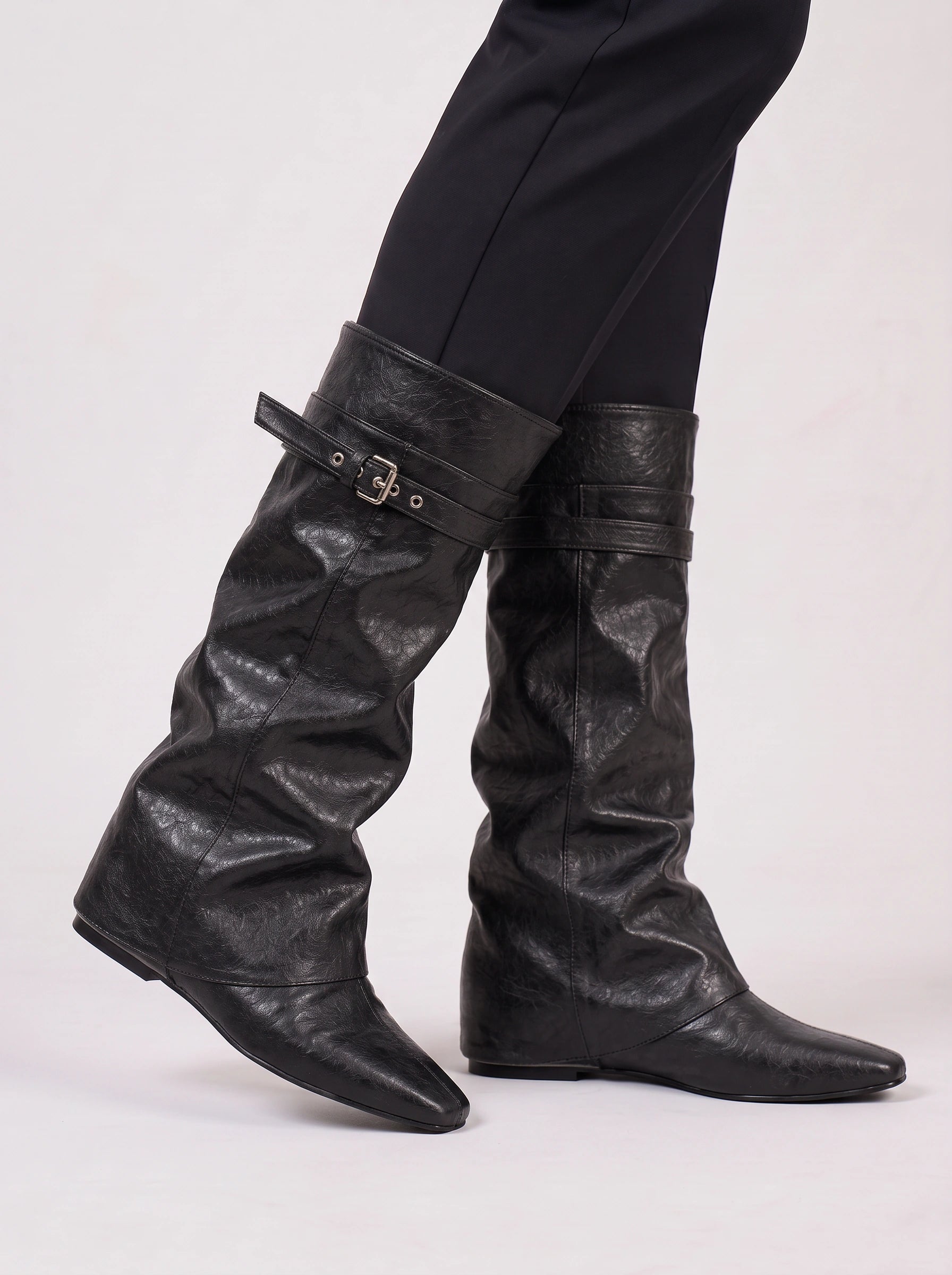 Torina Buckle Wedge Knee High Boots – Women Fall Boots Chelsea Knee High Leather Western Cowgirl Boots