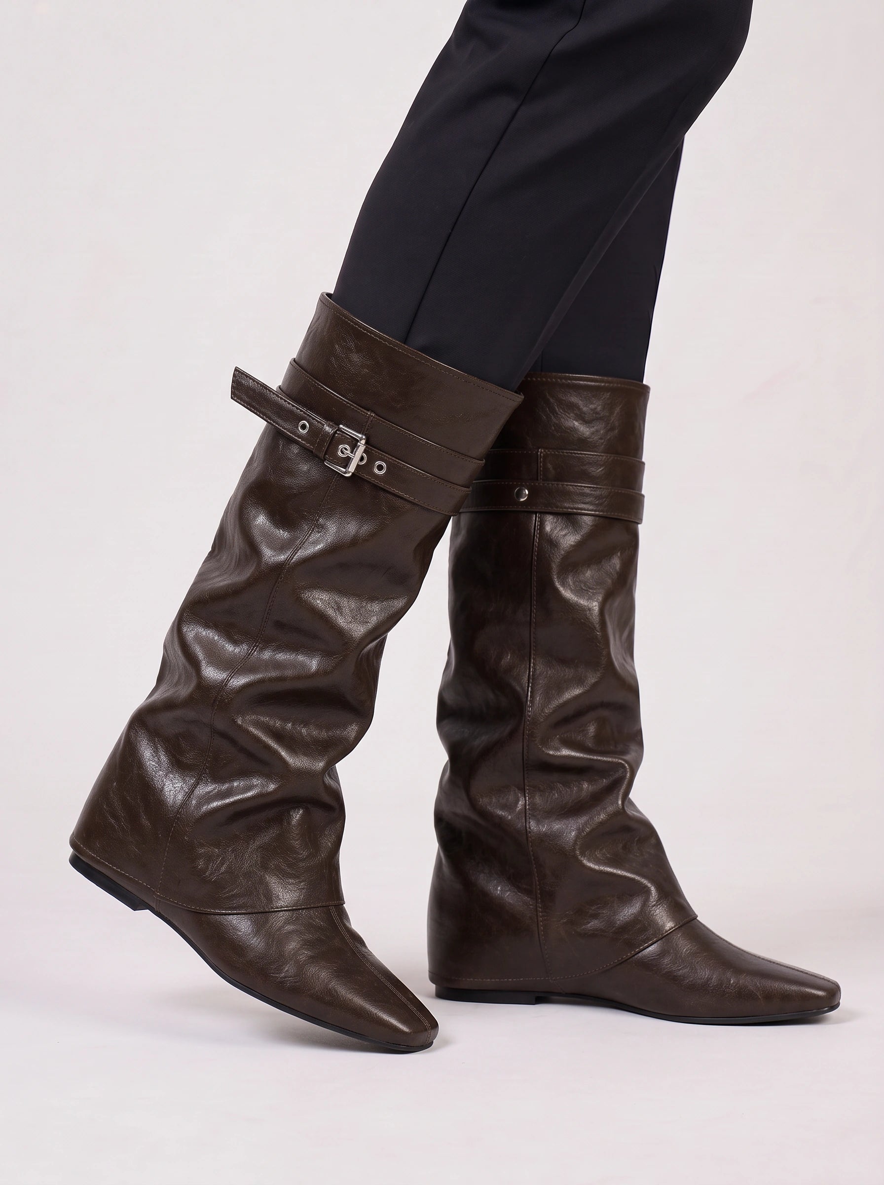 Torina Buckle Wedge Knee High Boots – Women Fall Boots Chelsea Knee High Leather Western Cowgirl Boots