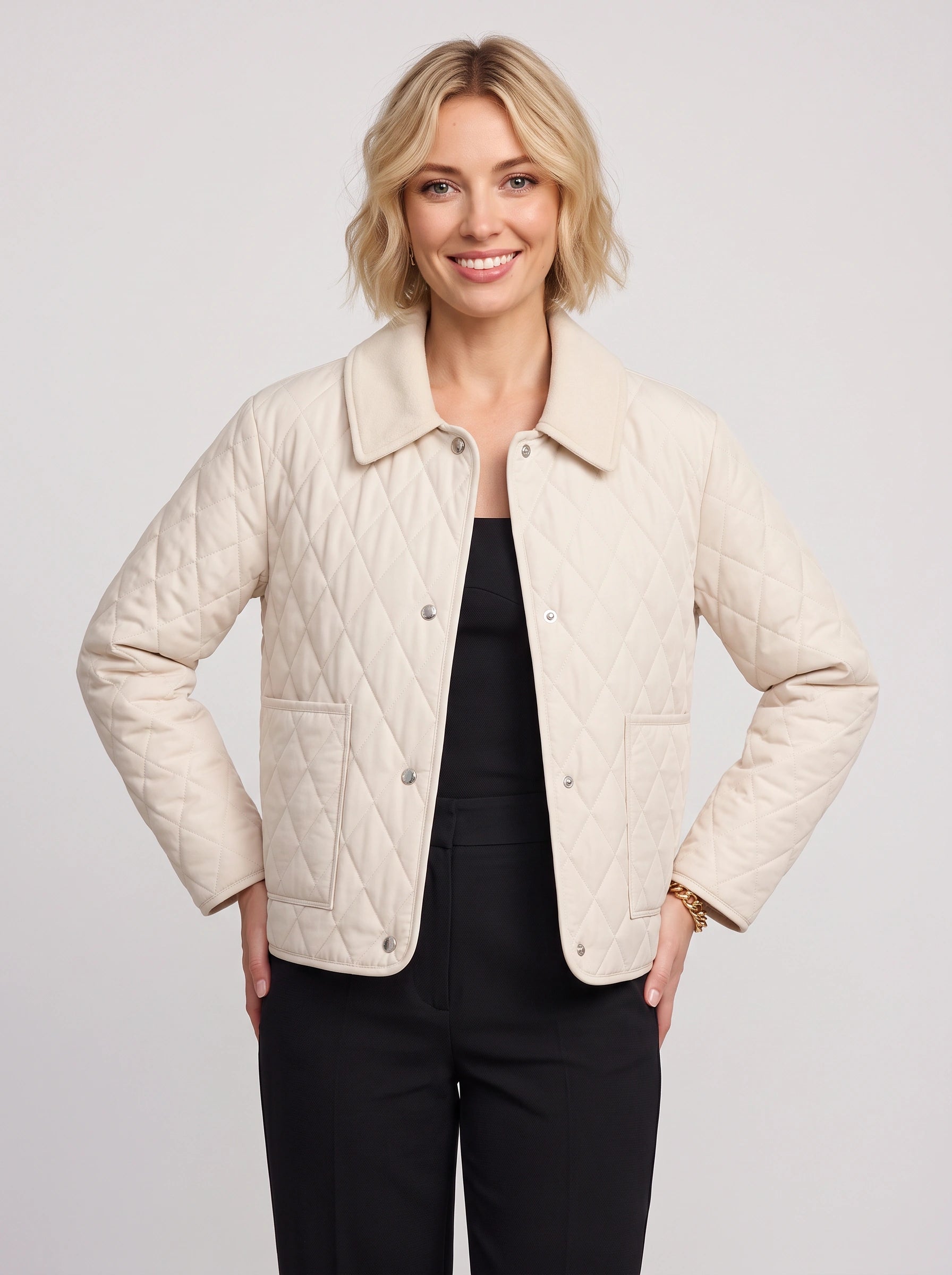 Romila Quilted Snap-Front Jacket – Diamond Quilted Women Casual Barn Jacket Fall Outerwear