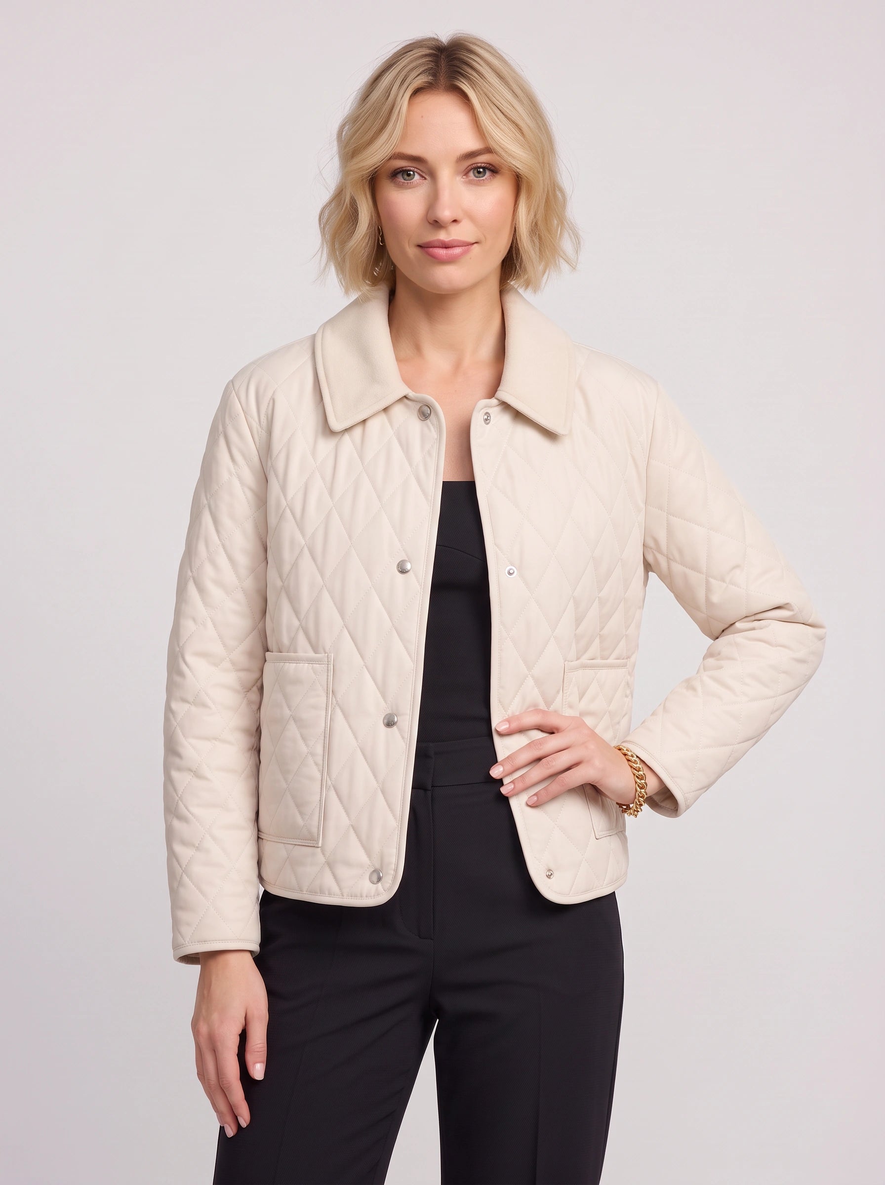 Romila Quilted Snap-Front Jacket – Diamond Quilted Women Casual Barn Jacket Fall Outerwear