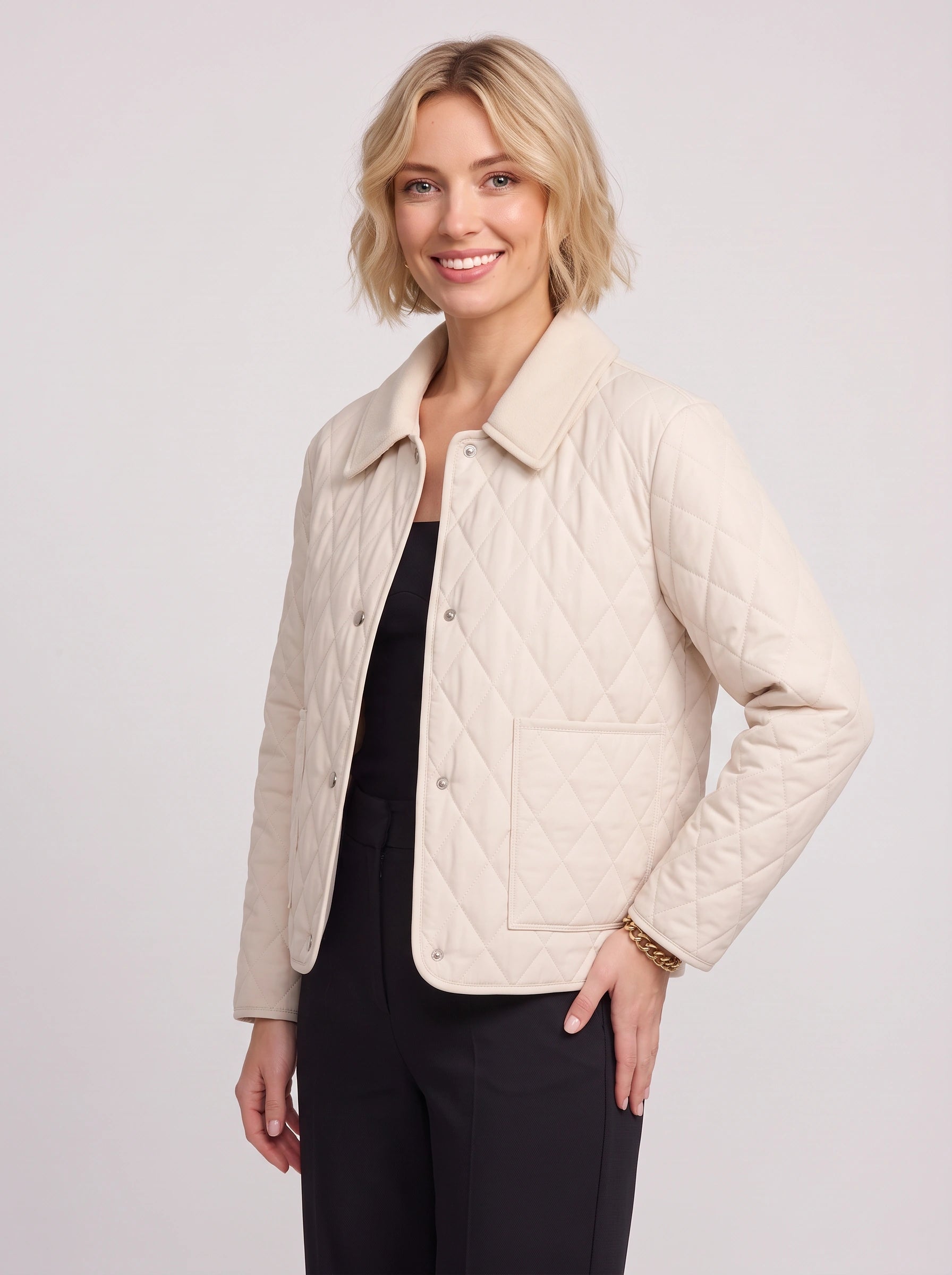 Romila Quilted Snap-Front Jacket – Diamond Quilted Women Casual Barn Jacket Fall Outerwear