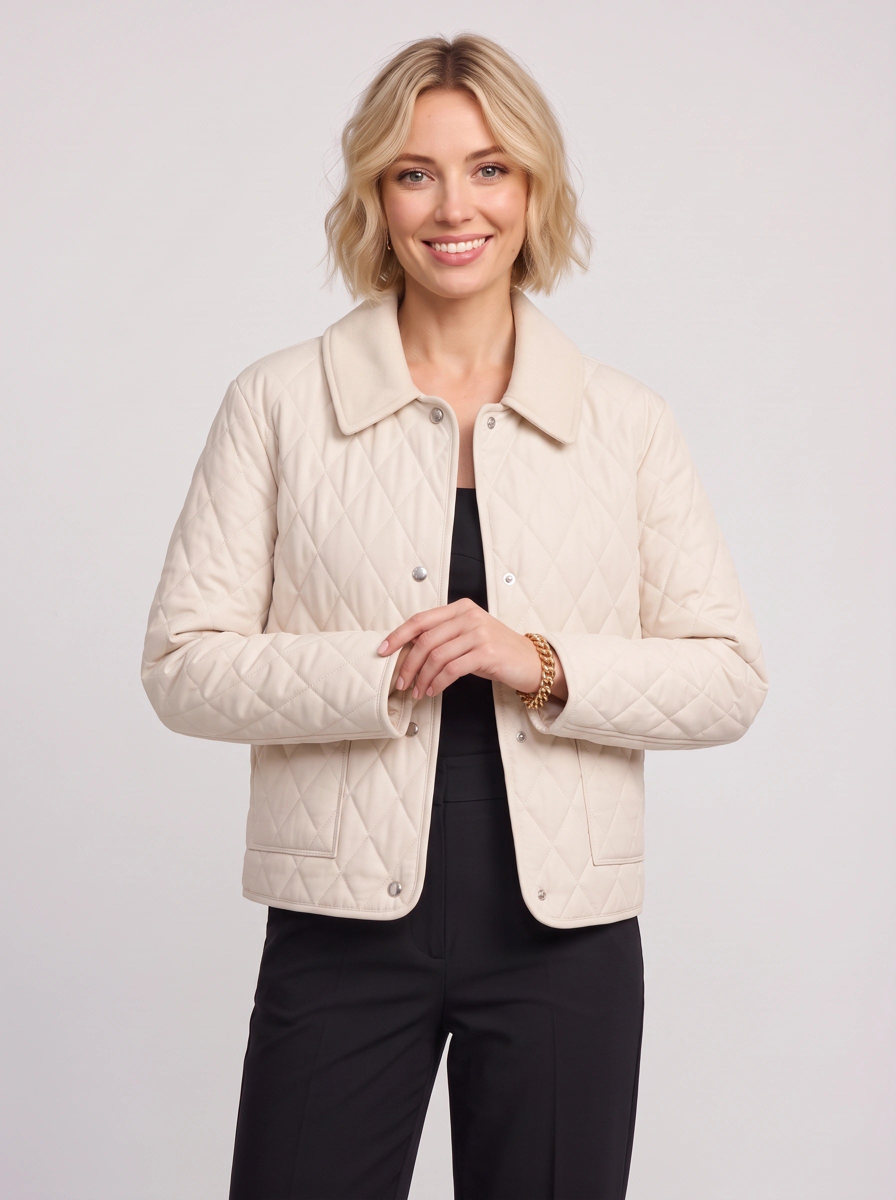 Romila Quilted Snap-Front Jacket – Diamond Quilted Women Casual Barn Jacket Fall Outerwear