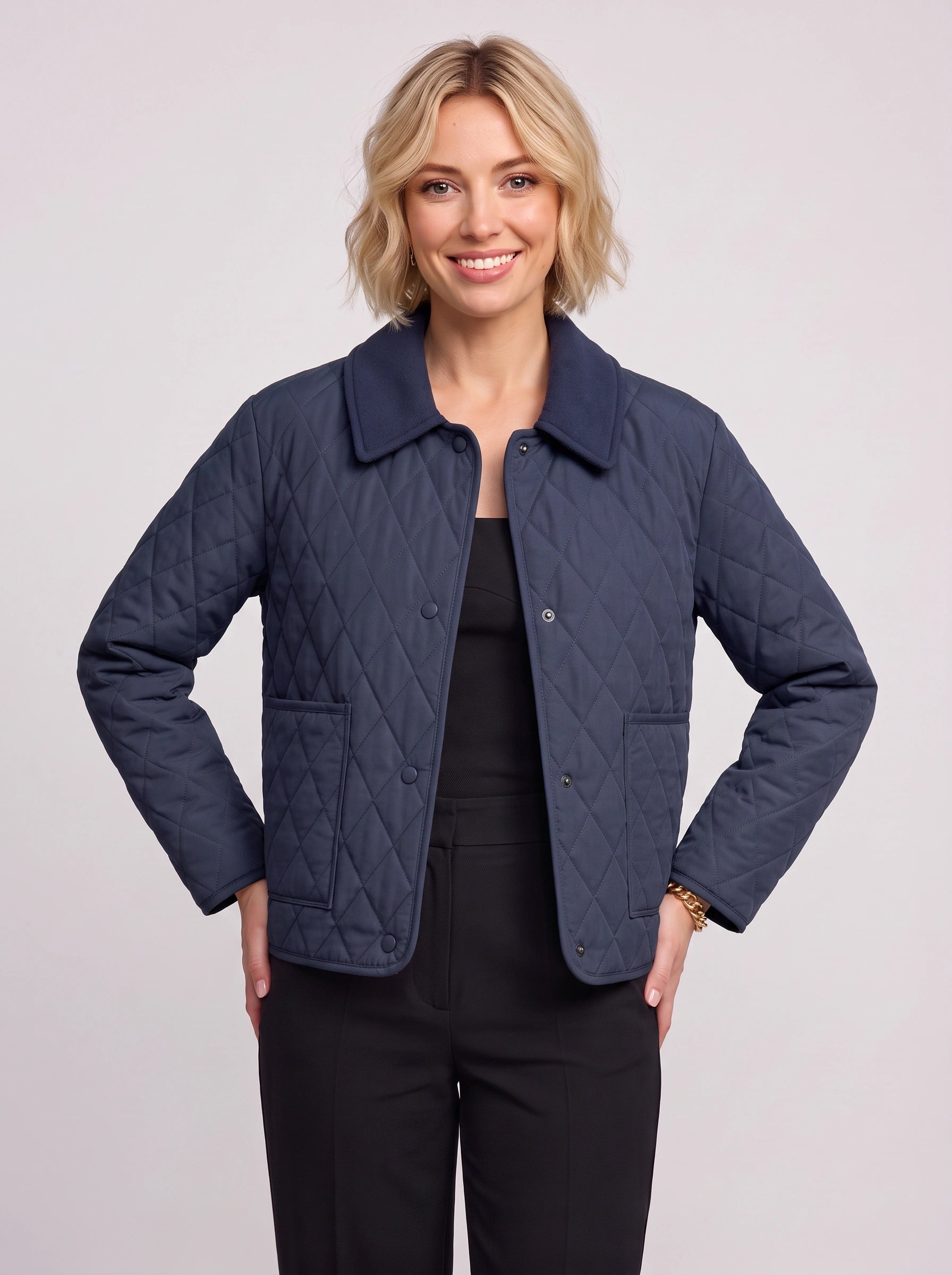 Romila Quilted Snap-Front Jacket – Diamond Quilted Women Casual Barn Jacket Fall Outerwear