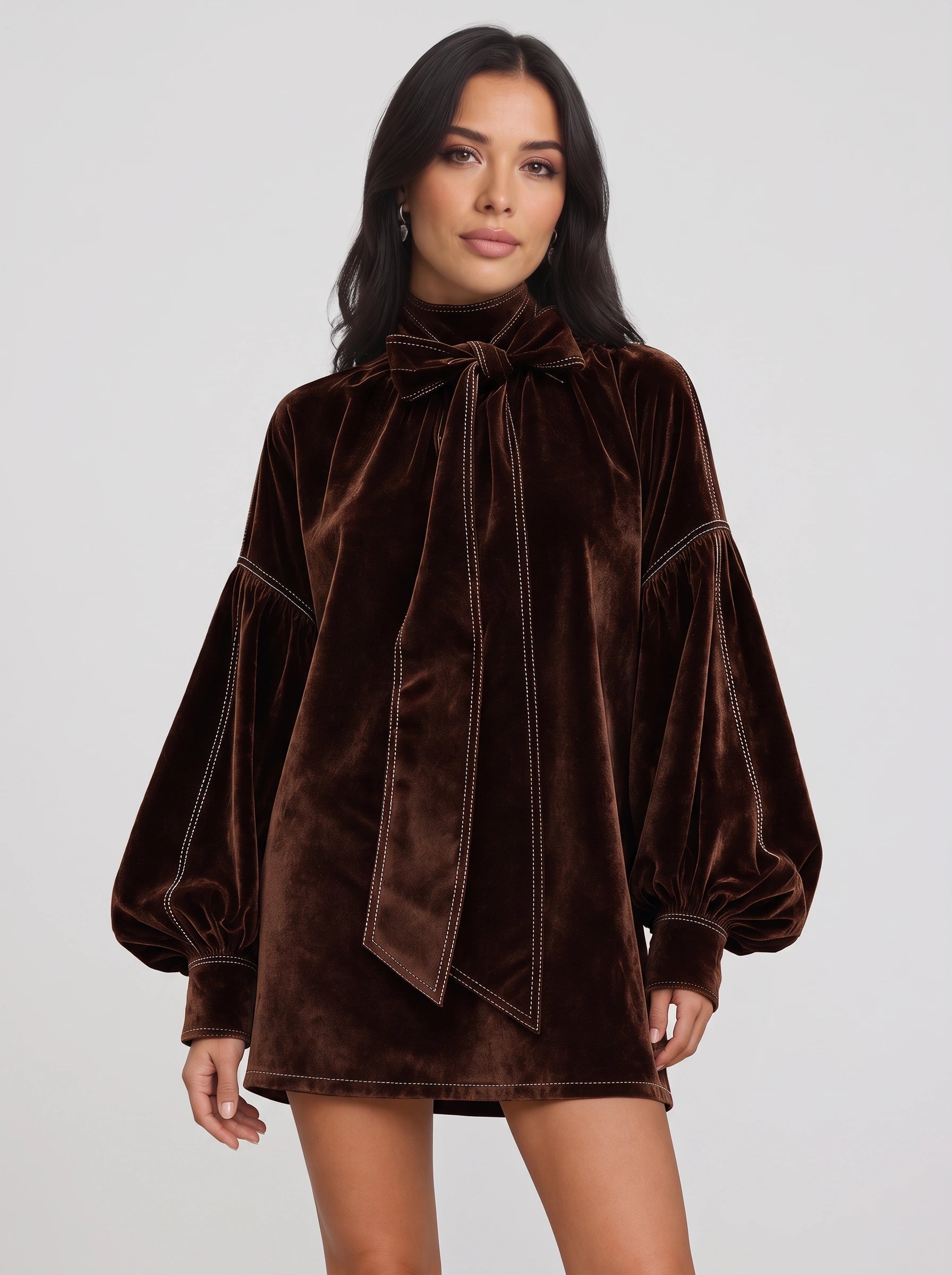 Terrave Bow Neck Velvet Mini Dress – Velvet Long Sleeve Women Formal Wedding Party Cocktail Mini Dress