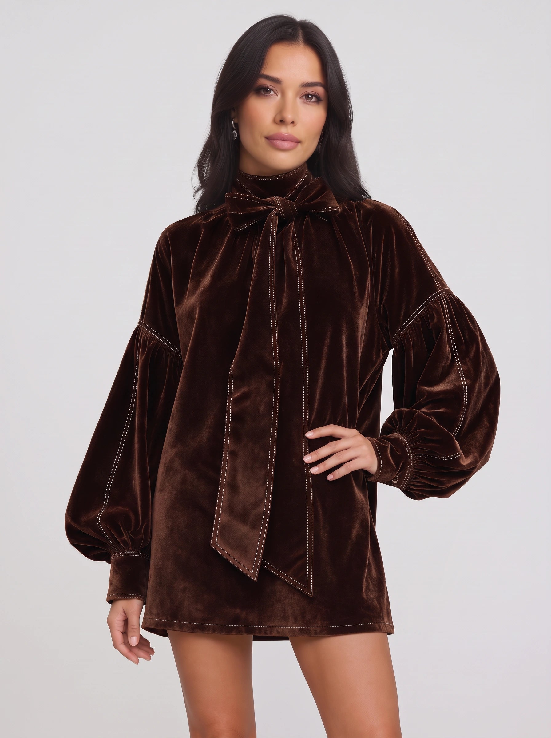 Terrave Bow Neck Velvet Mini Dress – Velvet Long Sleeve Women Formal Wedding Party Cocktail Mini Dress