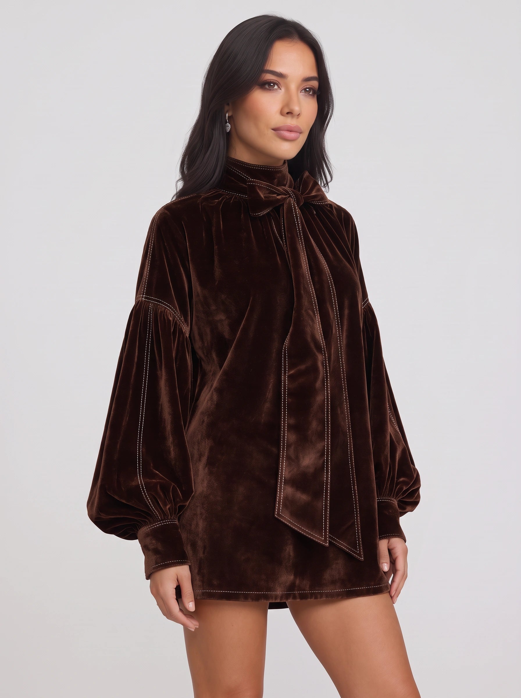 Terrave Bow Neck Velvet Mini Dress – Velvet Long Sleeve Women Formal Wedding Party Cocktail Mini Dress