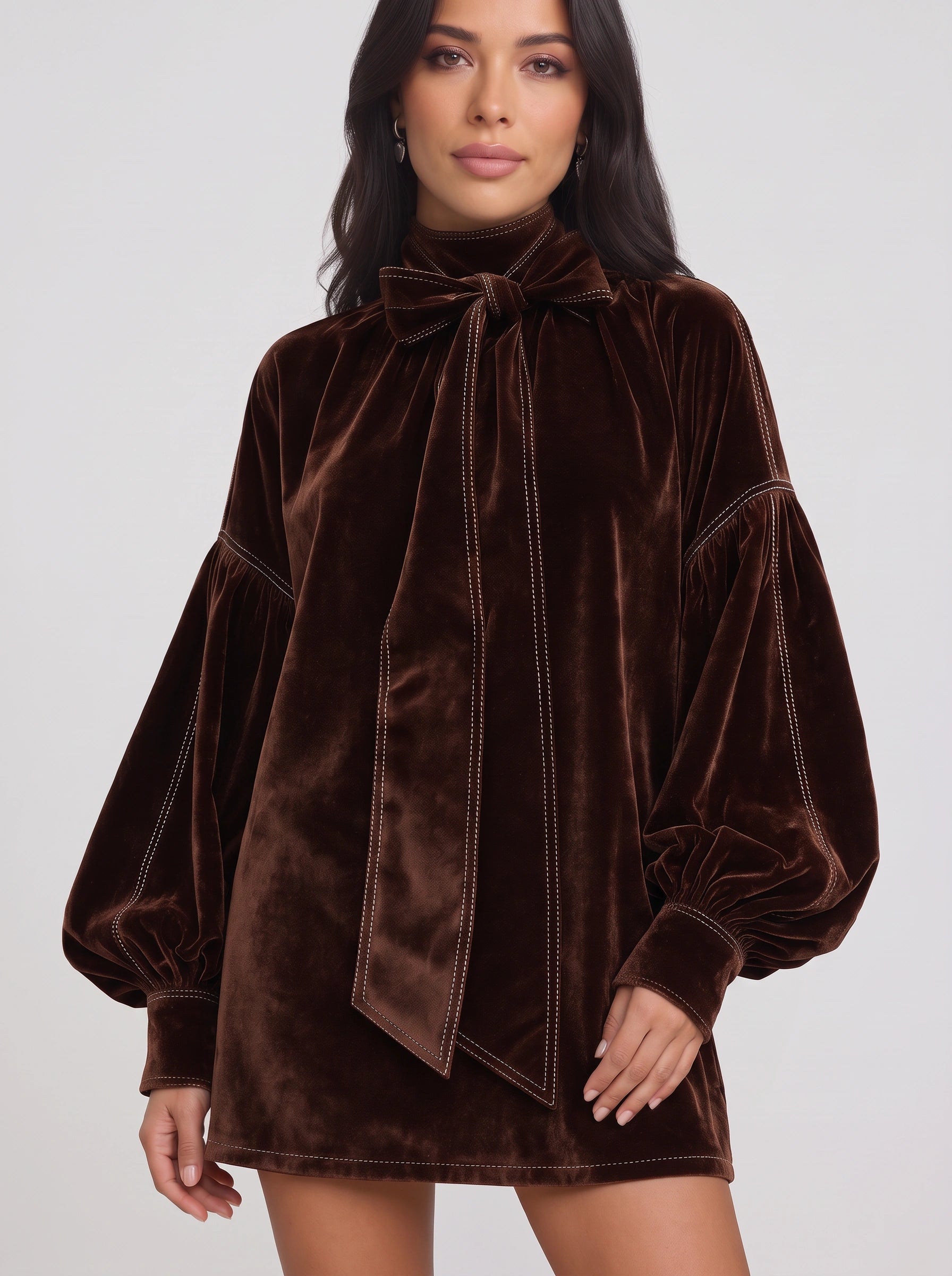 Terrave Bow Neck Velvet Mini Dress – Velvet Long Sleeve Women Formal Wedding Party Cocktail Mini Dress