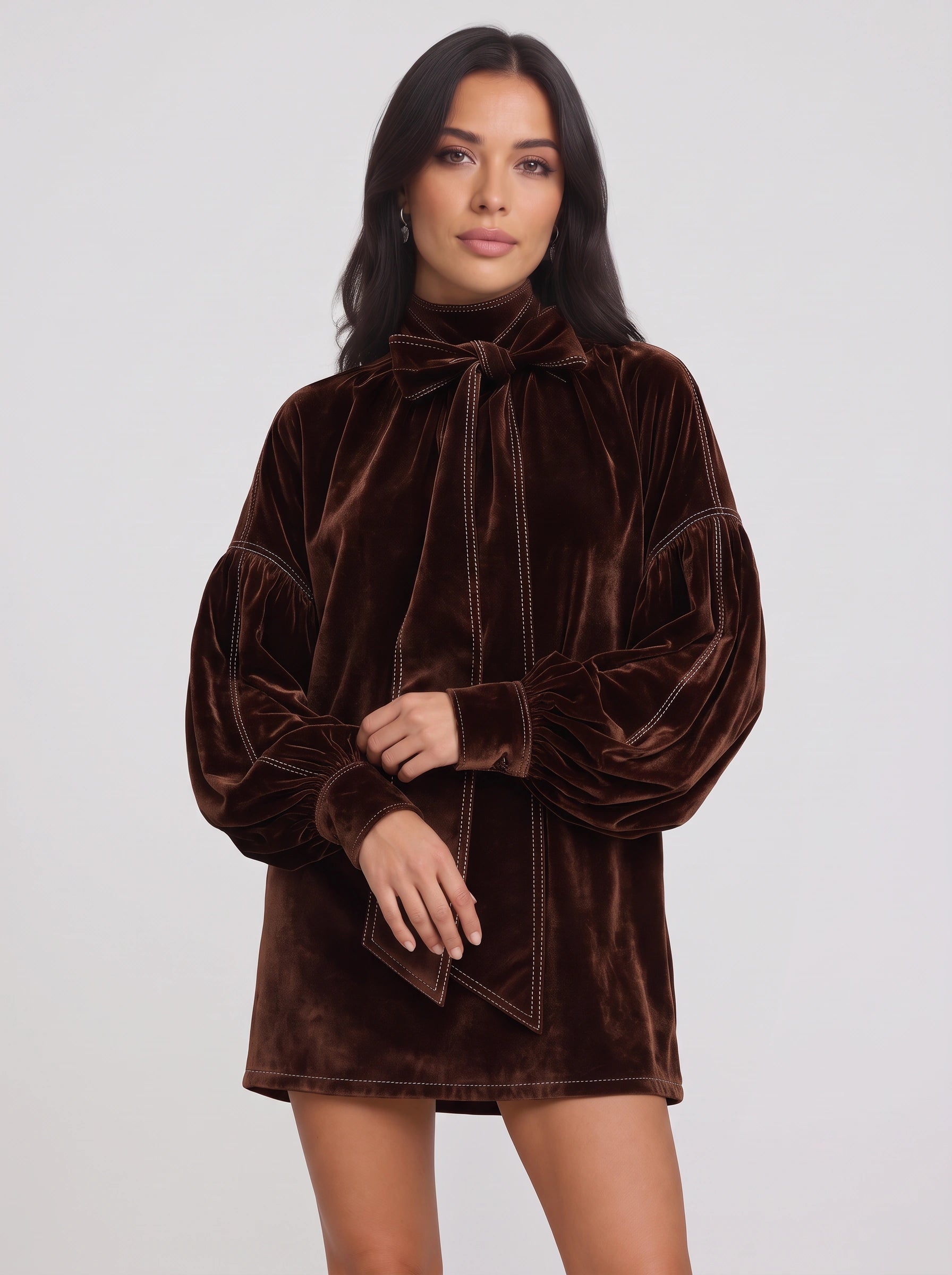 Terrave Bow Neck Velvet Mini Dress – Velvet Long Sleeve Women Formal Wedding Party Cocktail Mini Dress
