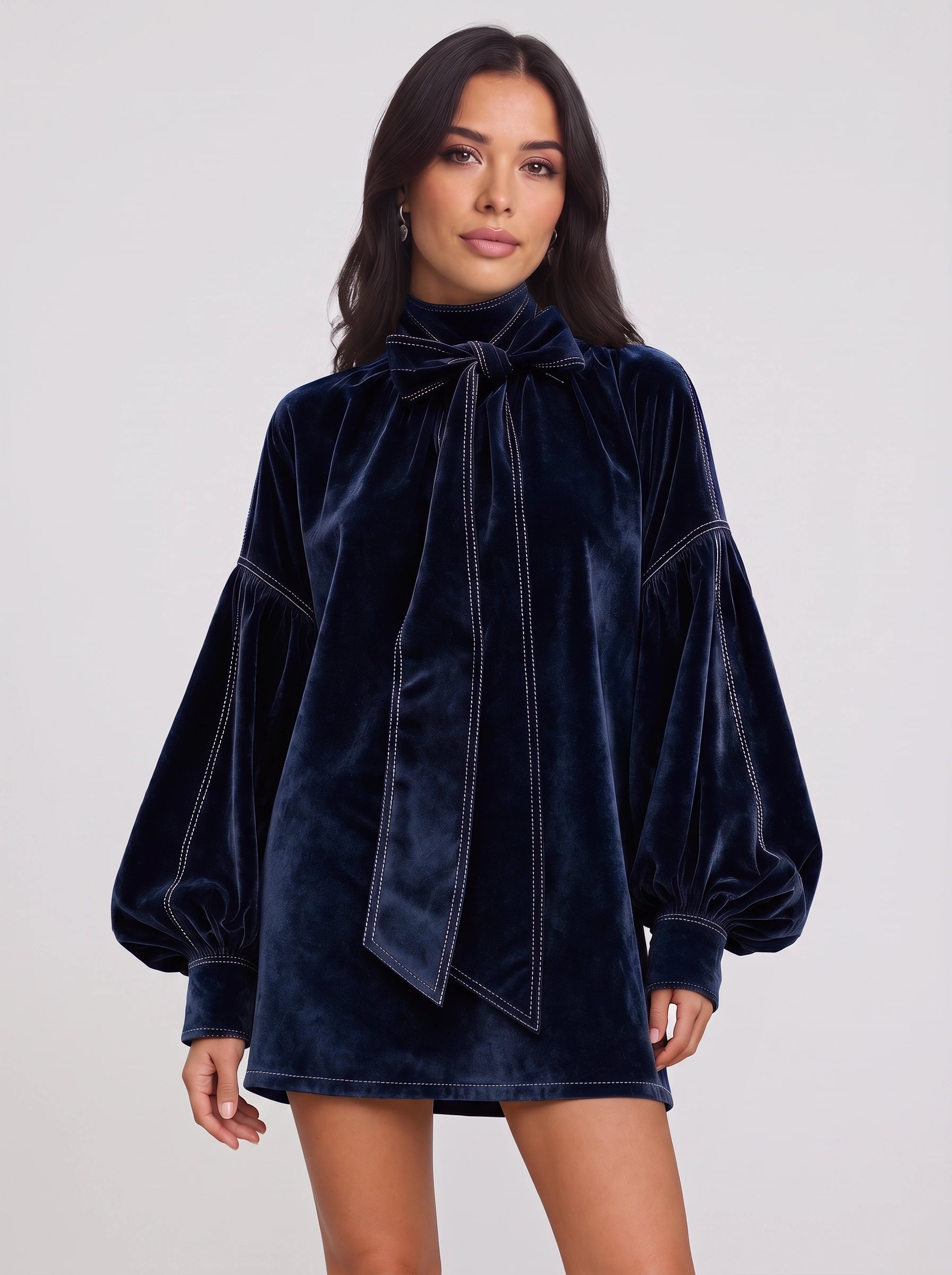 Terrave Bow Neck Velvet Mini Dress – Velvet Long Sleeve Women Formal Wedding Party Cocktail Mini Dress