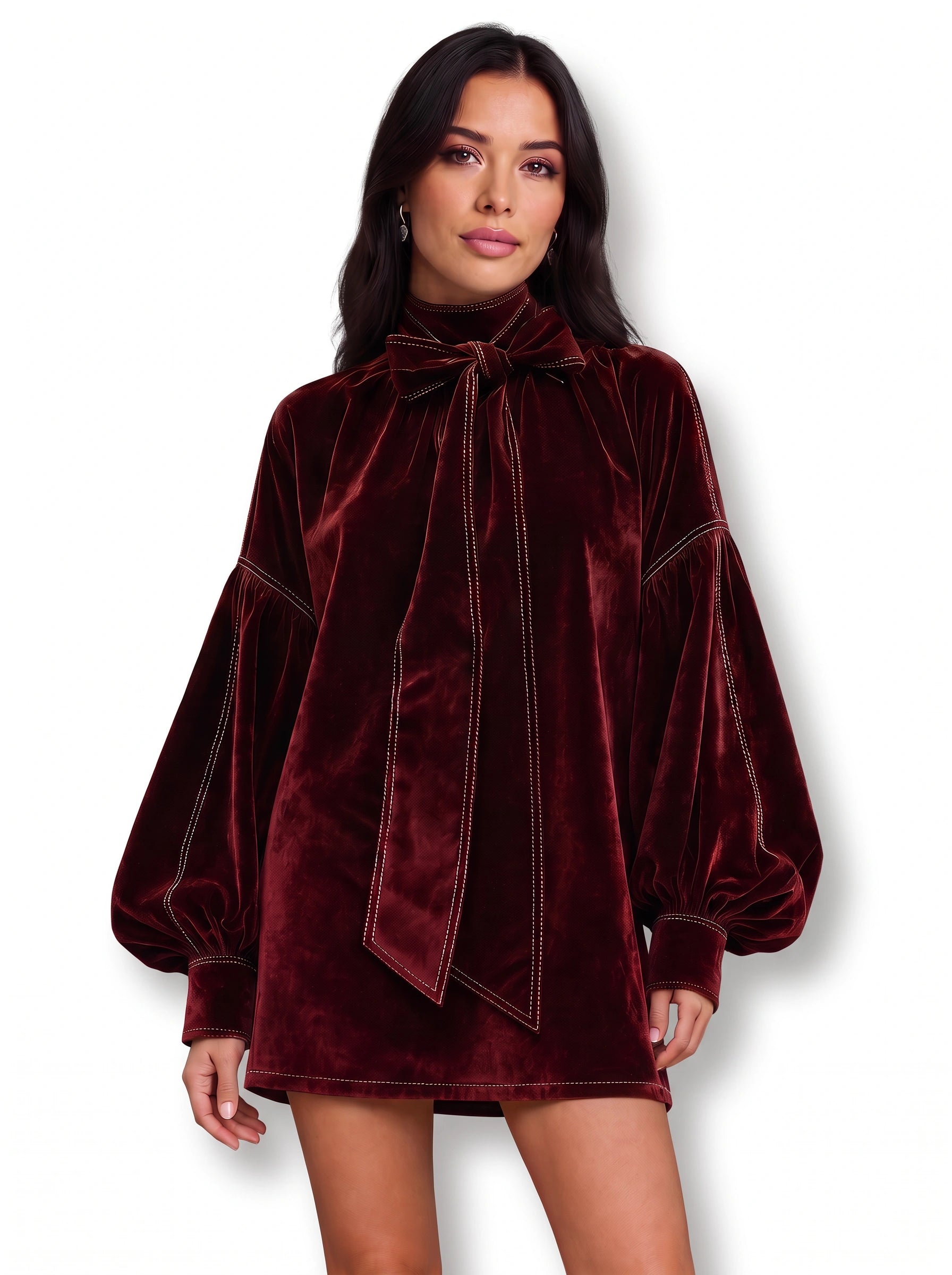 Terrave Bow Neck Velvet Mini Dress – Velvet Long Sleeve Women Formal Wedding Party Cocktail Mini Dress
