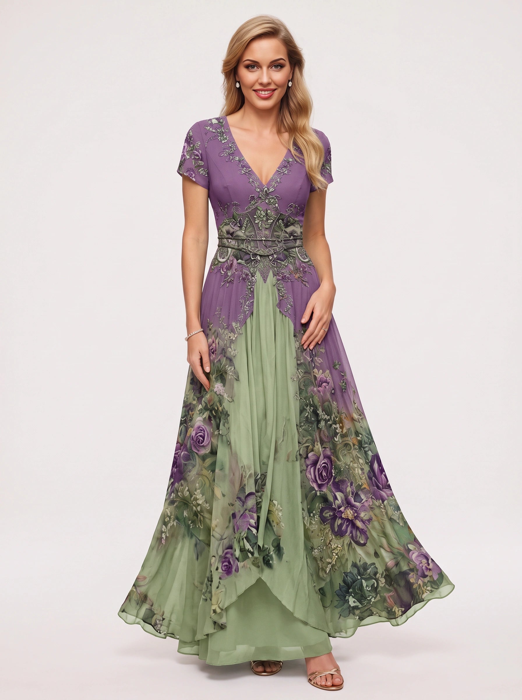 Floraveil Embroidered V-Neck Maxi Dress – Floral Wrap Maxi Dress Women Formal Wedding Guest Evening Party