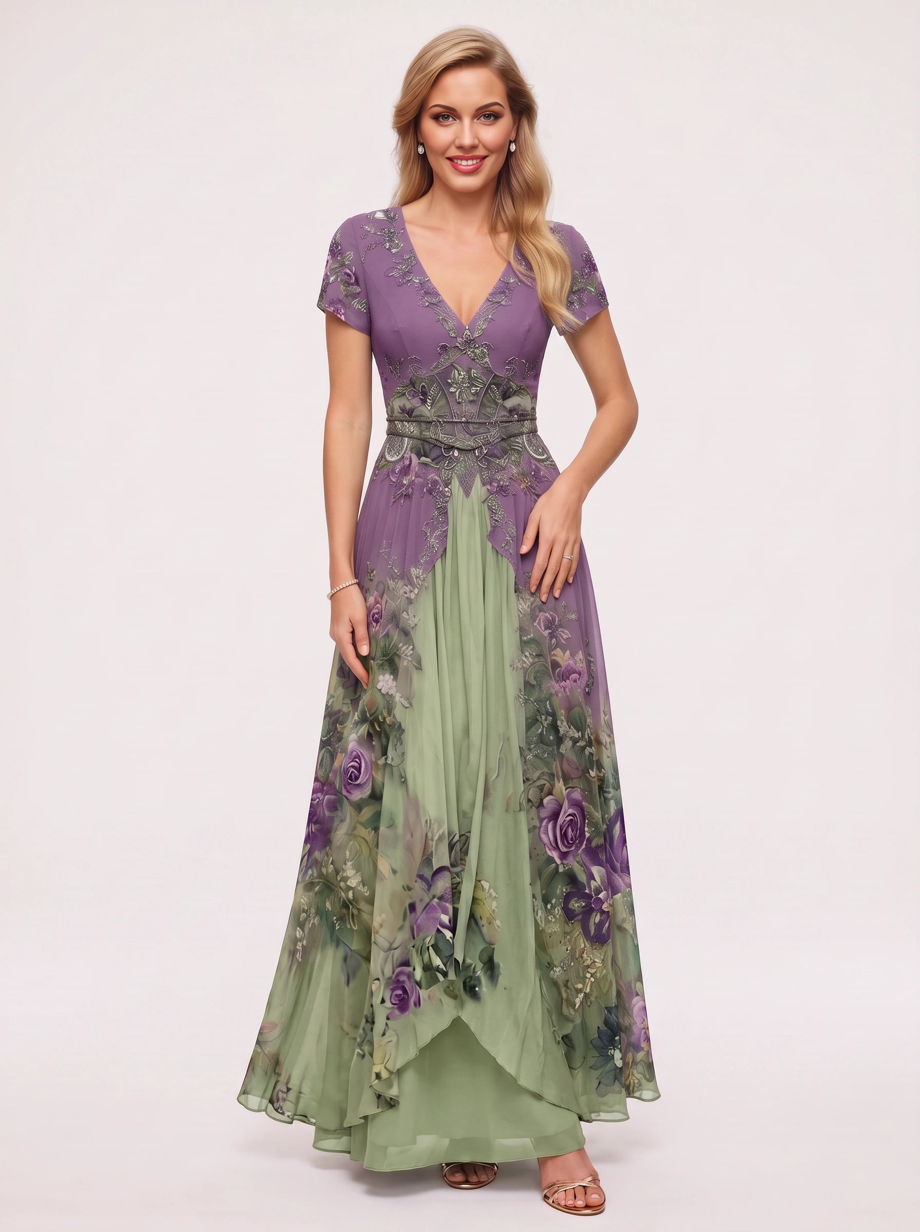 Floraveil Embroidered V-Neck Maxi Dress – Floral Wrap Maxi Dress Women Formal Wedding Guest Evening Party