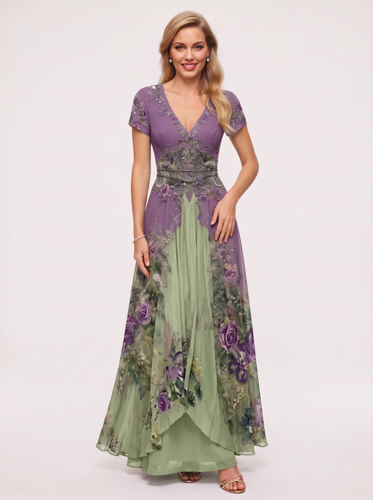Robe longue brodée à col en V, Floraveil – Robe longue portefeuille fleurie pour femme, cérémonie, invitée à un mariage, soirée, fête