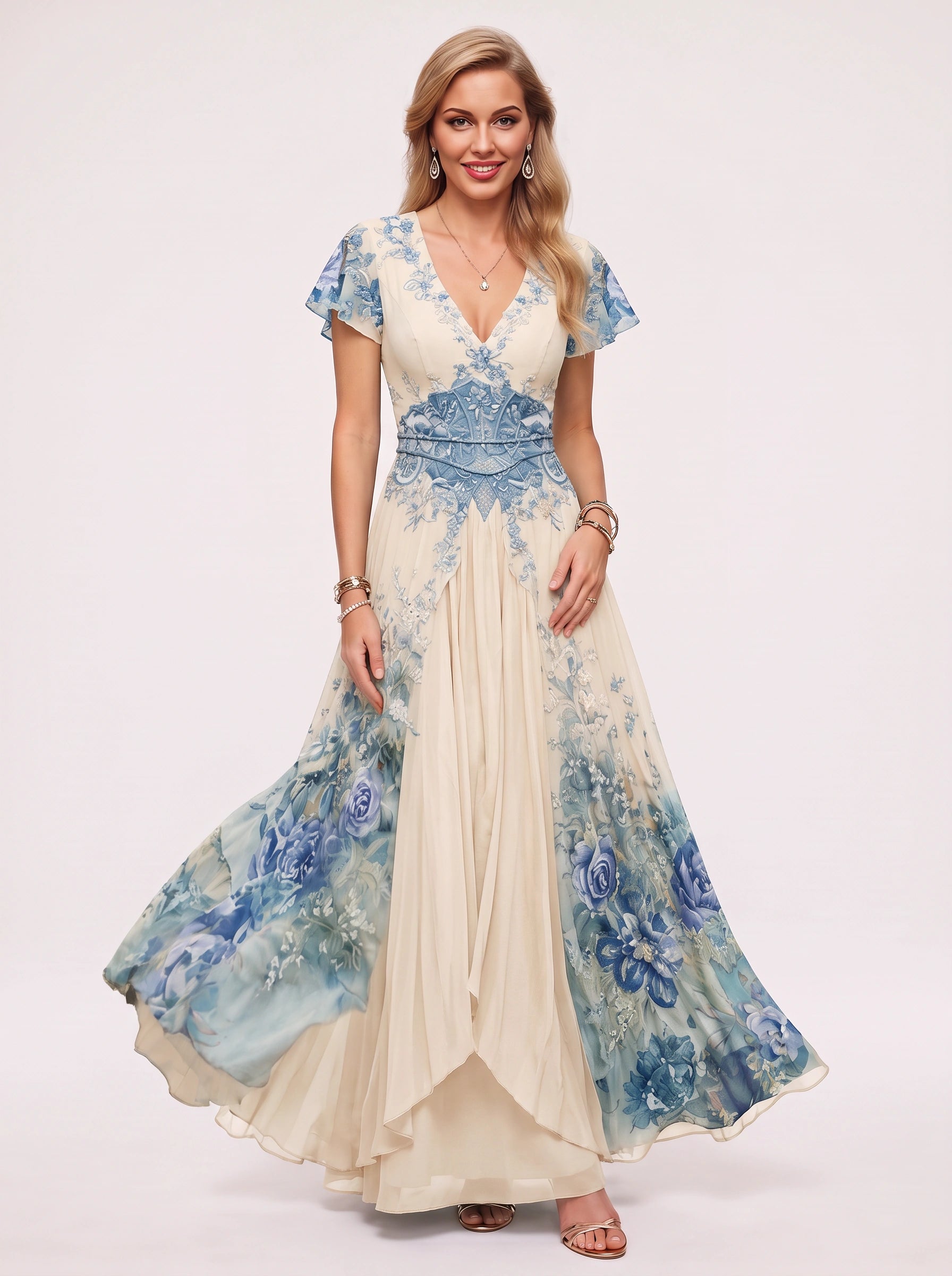 Floraveil Embroidered V-Neck Maxi Dress – Floral Wrap Maxi Dress Women Formal Wedding Guest Evening Party