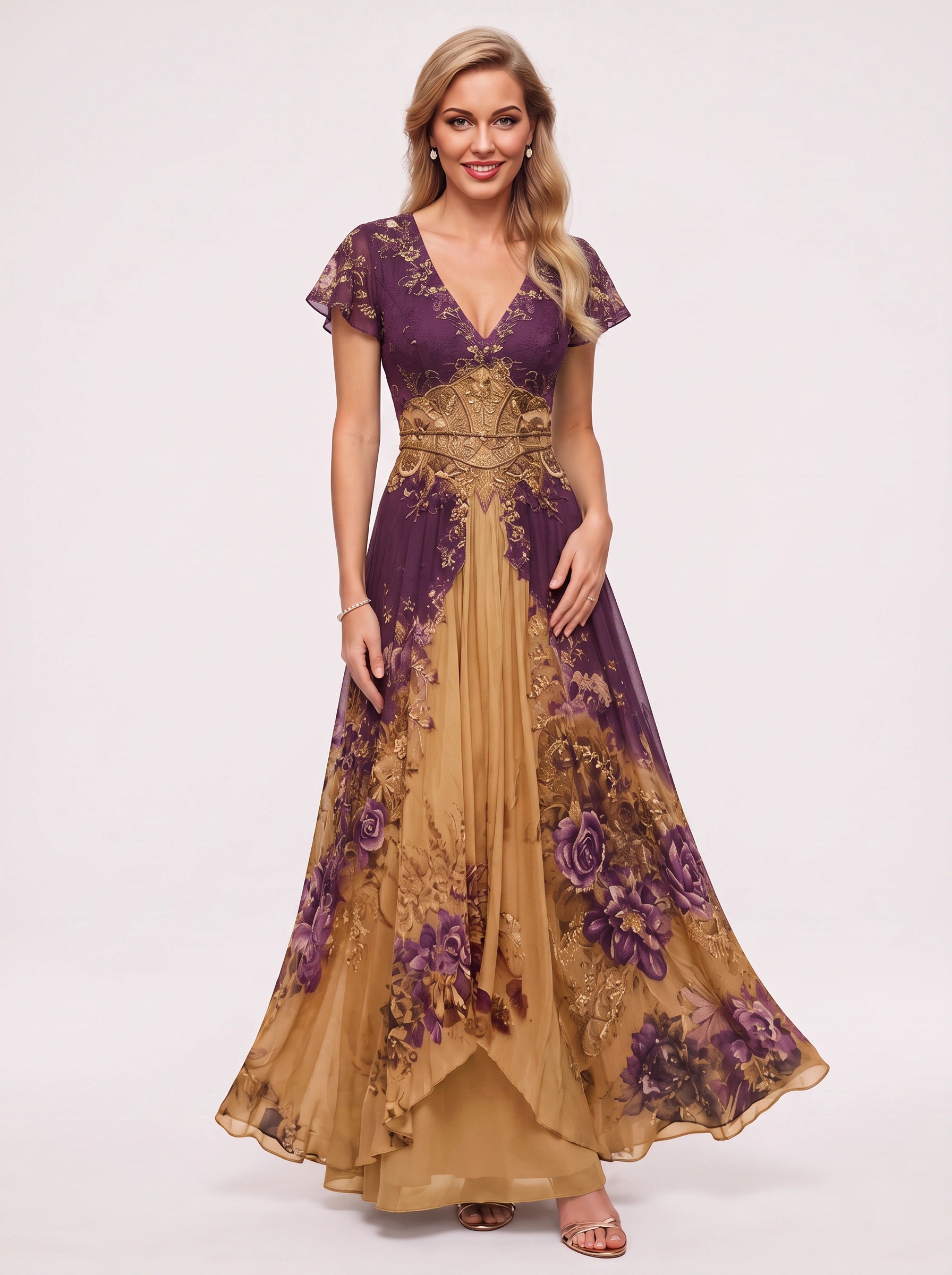 Floraveil Embroidered V-Neck Maxi Dress – Floral Wrap Maxi Dress Women Formal Wedding Guest Evening Party