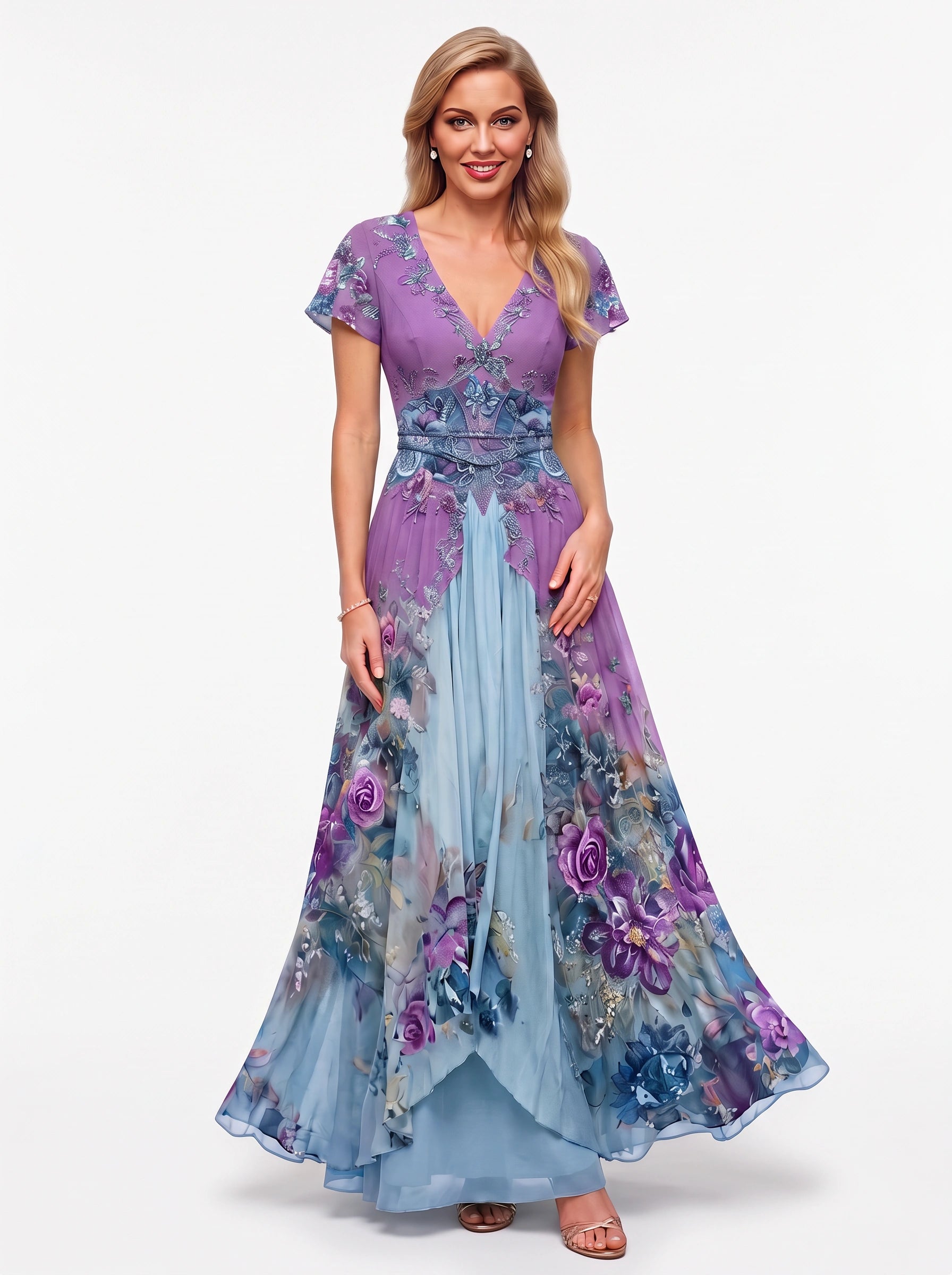 Floraveil Embroidered V-Neck Maxi Dress – Floral Wrap Maxi Dress Women Formal Wedding Guest Evening Party