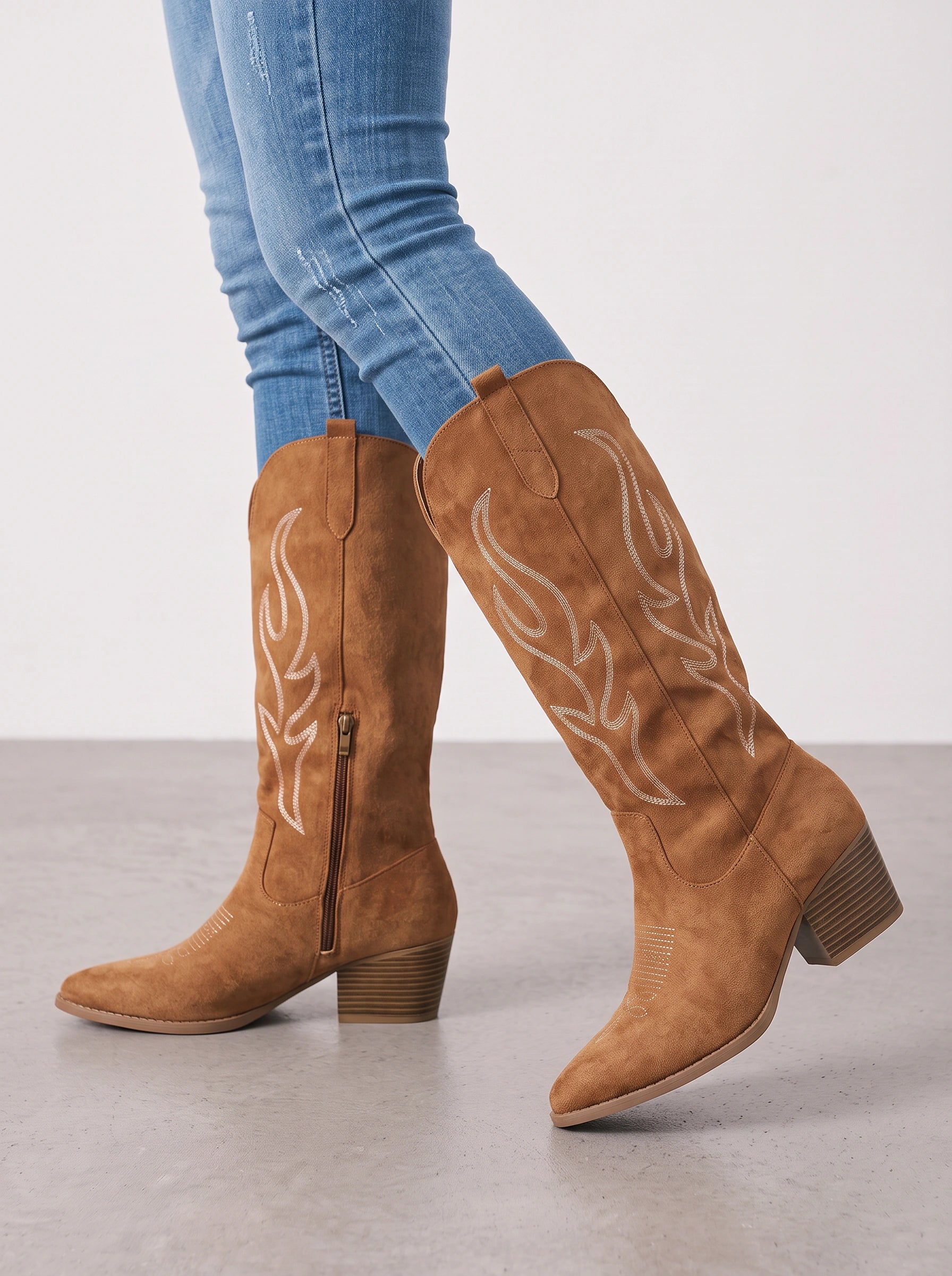Flamora Western Knee-High Boots – Embroidered Cowboy Boots Women Fall Festival Rodeo Block Heel Tall Boots