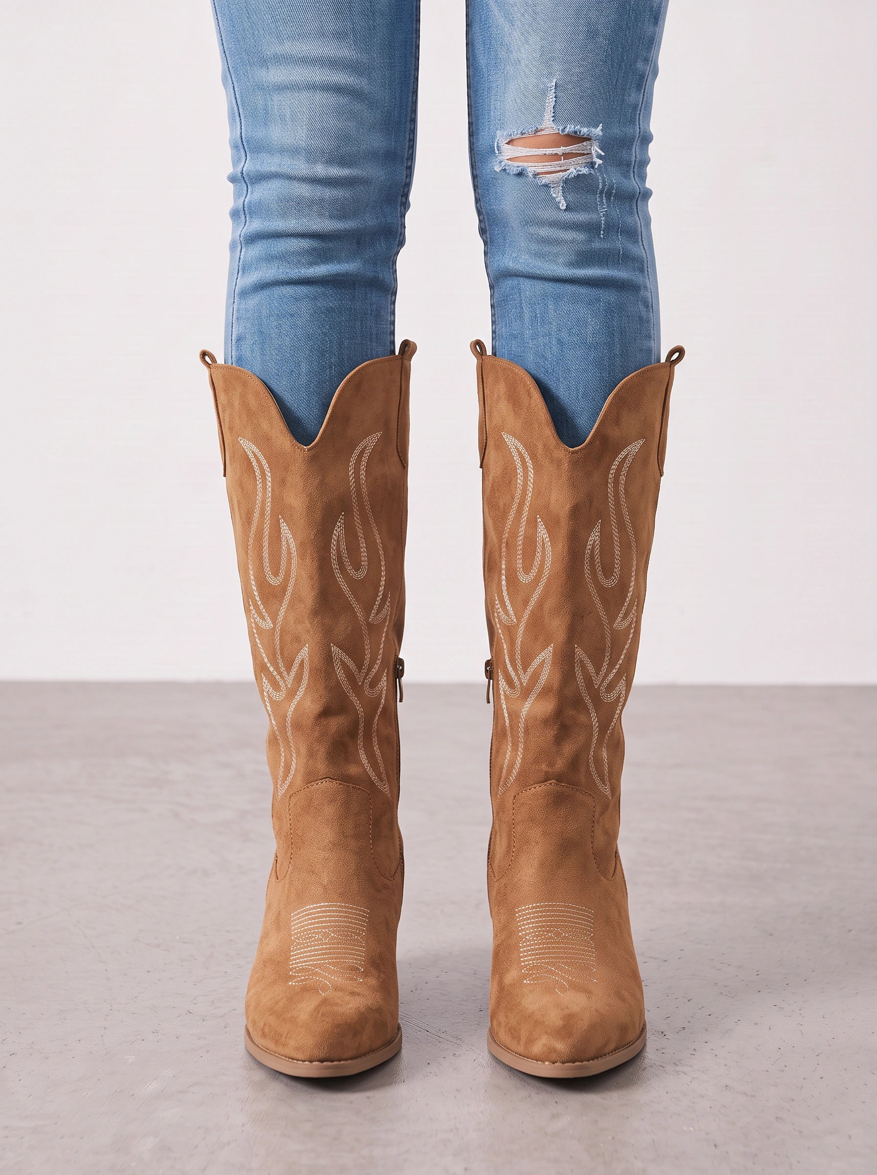 Flamora Western Knee-High Boots – Embroidered Cowboy Boots Women Fall Festival Rodeo Block Heel Tall Boots