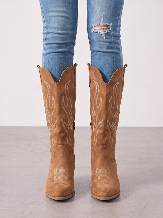 Bottes western hauteur genou, Flamora – Bottes de cowboy brodées pour femme, d’automne, de festival, de rodéo, à talon carré