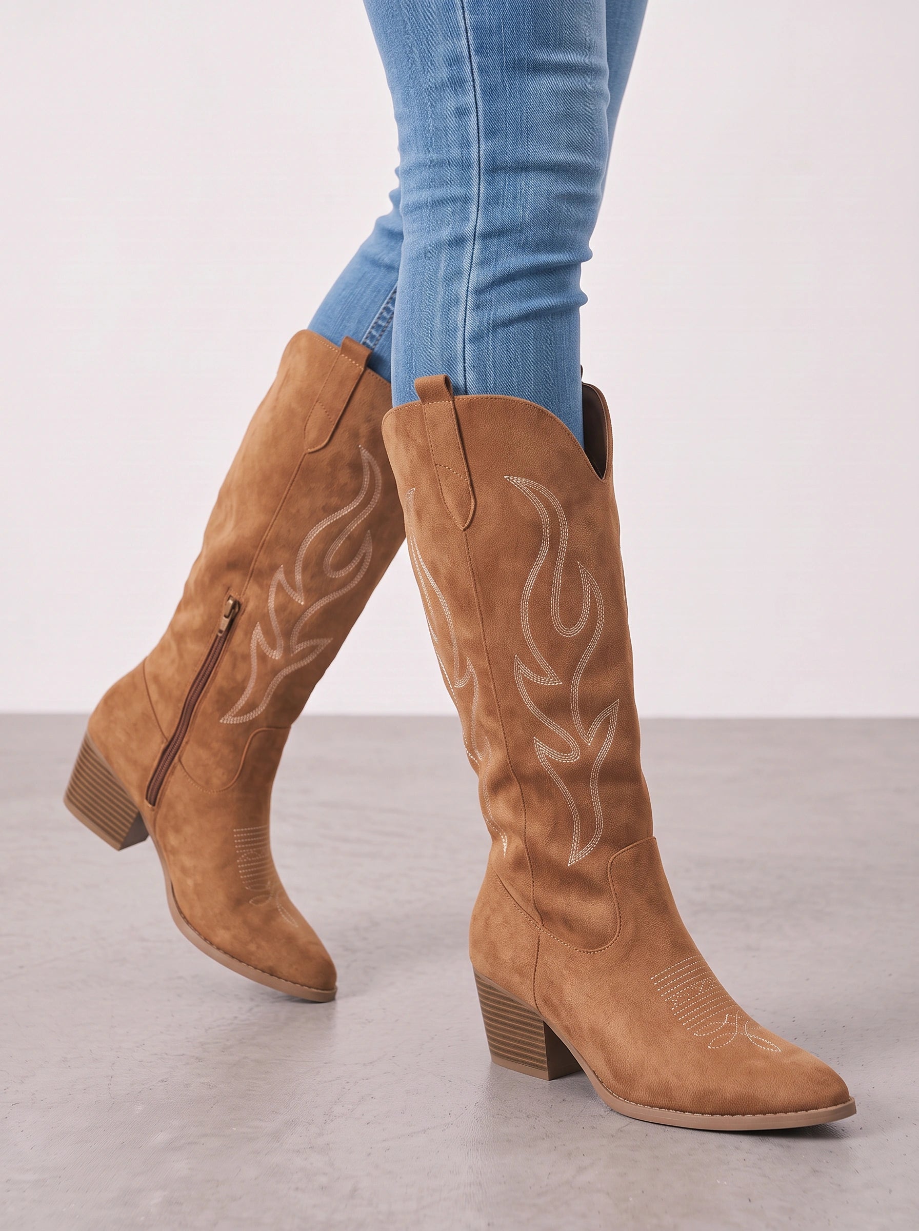 Flamora Western Knee-High Boots – Embroidered Cowboy Boots Women Fall Festival Rodeo Block Heel Tall Boots