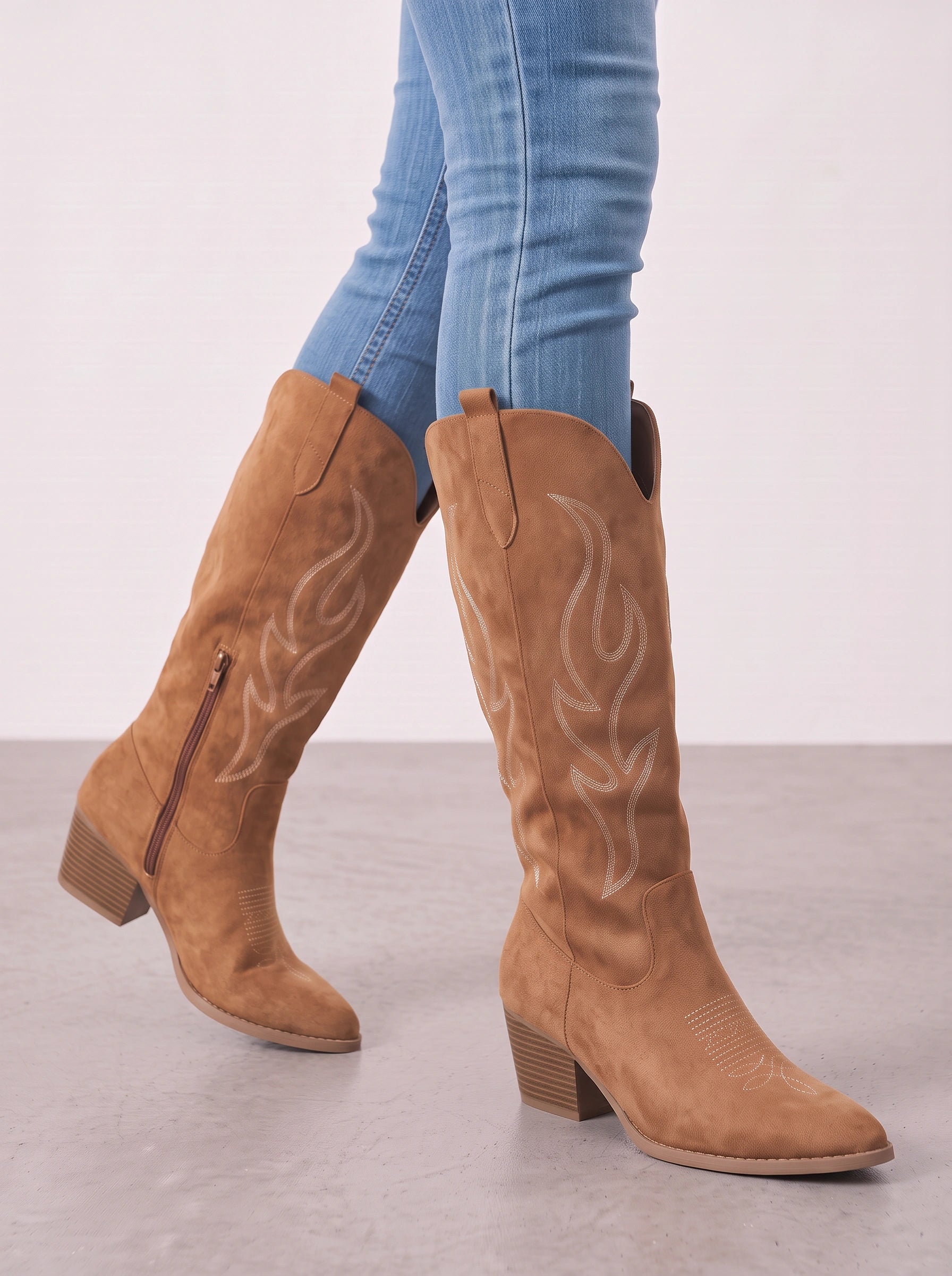 Flamora Western Knee-High Boots – Embroidered Cowboy Boots Women Fall Festival Rodeo Block Heel Tall Boots