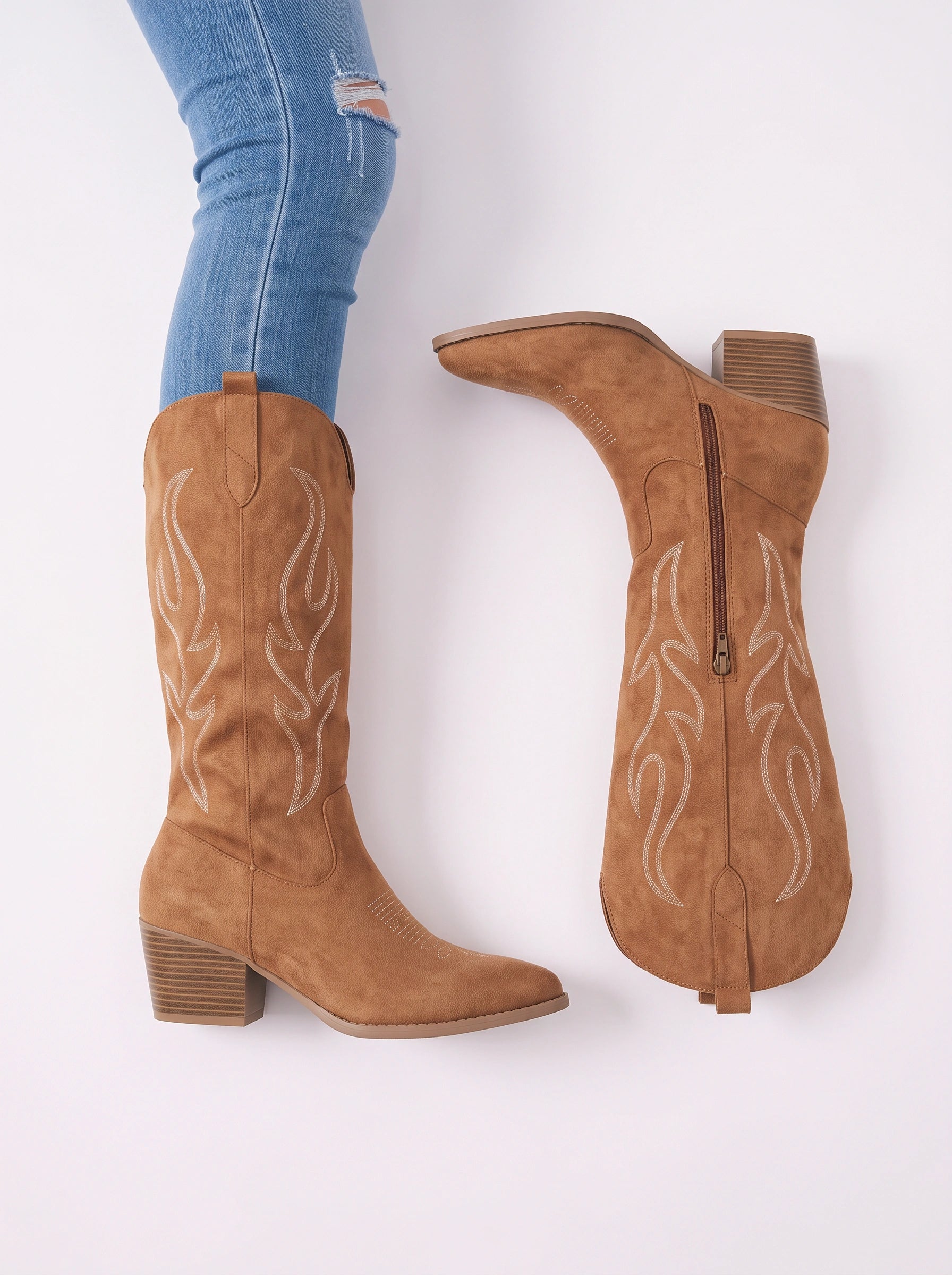 Flamora Western Knee-High Boots – Embroidered Cowboy Boots Women Fall Festival Rodeo Block Heel Tall Boots
