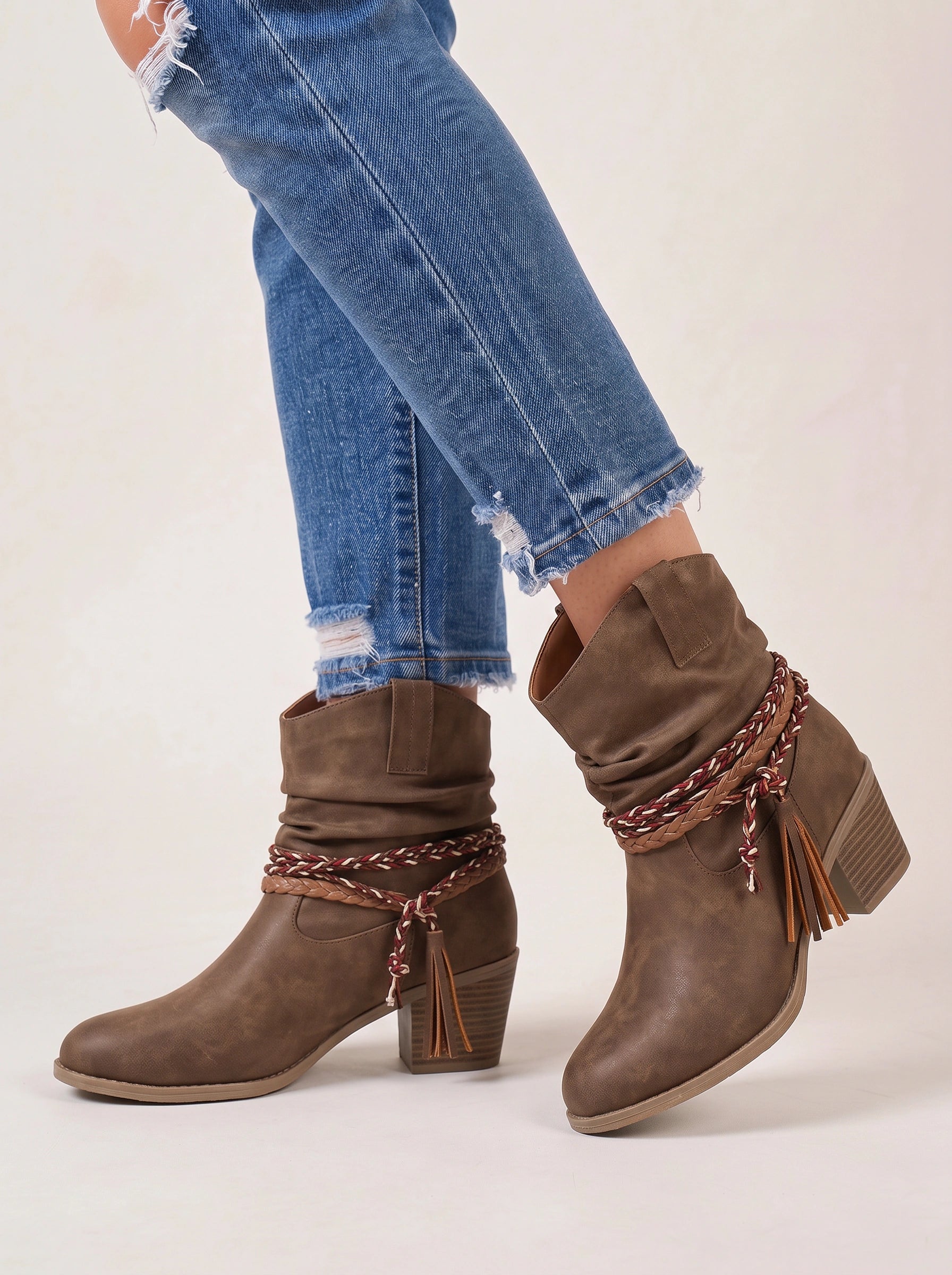 Cordalis Braided Strap Ankle Boots – Suede Ankle Boots Women Western Booties Block Heel Fall Footwear