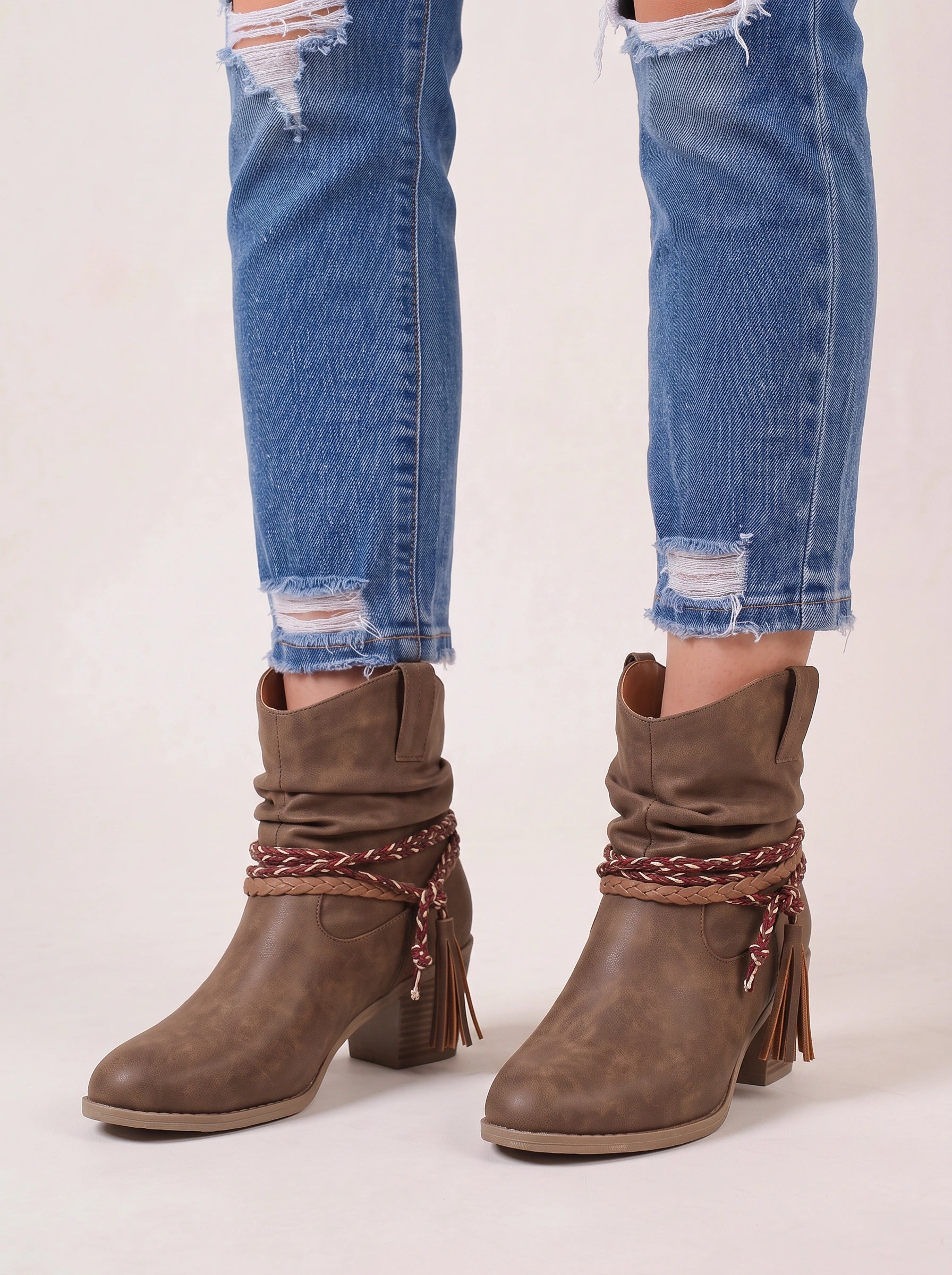 Cordalis Braided Strap Ankle Boots – Suede Ankle Boots Women Western Booties Block Heel Fall Footwear