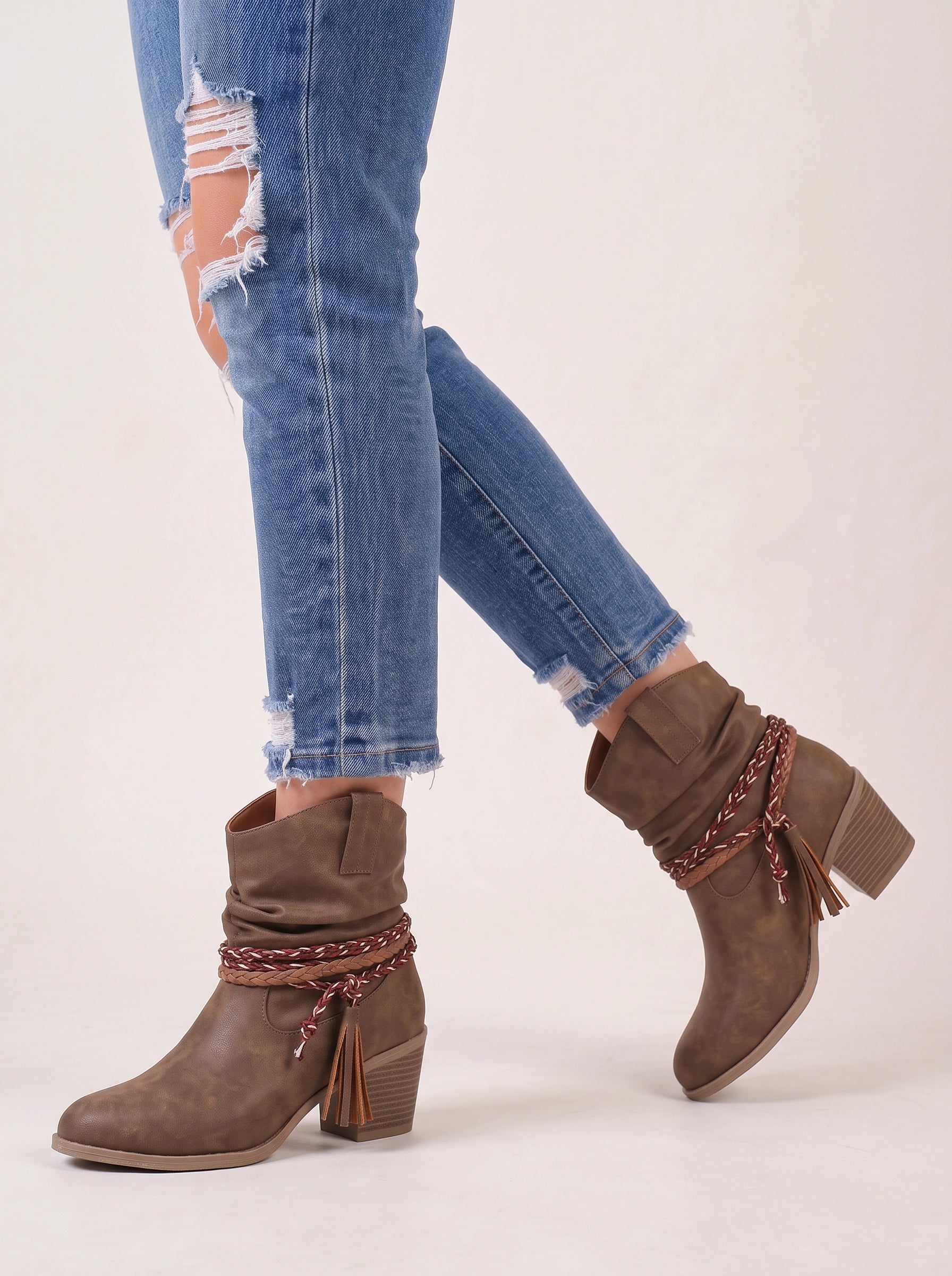 Cordalis Braided Strap Ankle Boots – Suede Ankle Boots Women Western Booties Block Heel Fall Footwear
