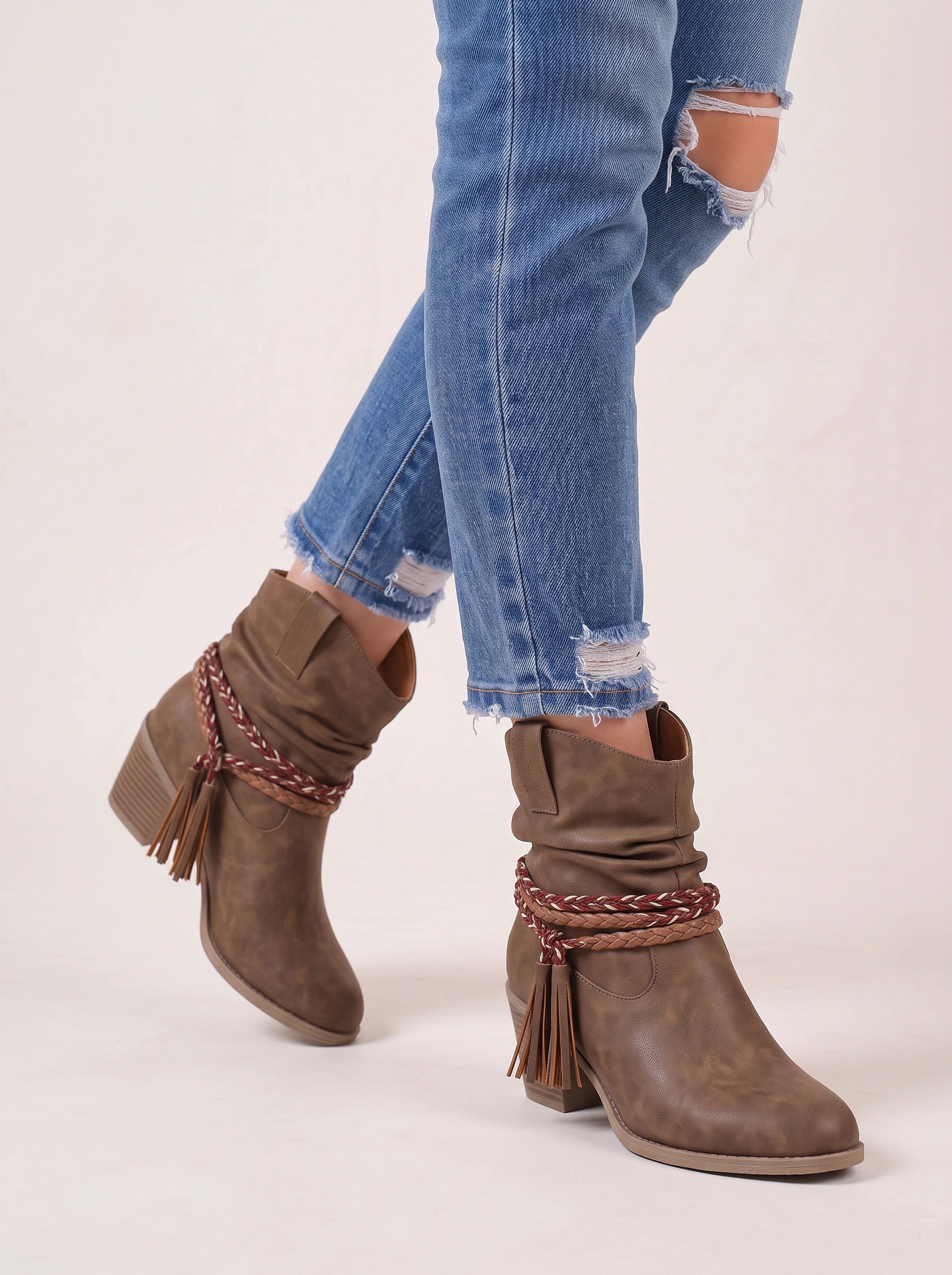 Cordalis Braided Strap Ankle Boots – Suede Ankle Boots Women Western Booties Block Heel Fall Footwear