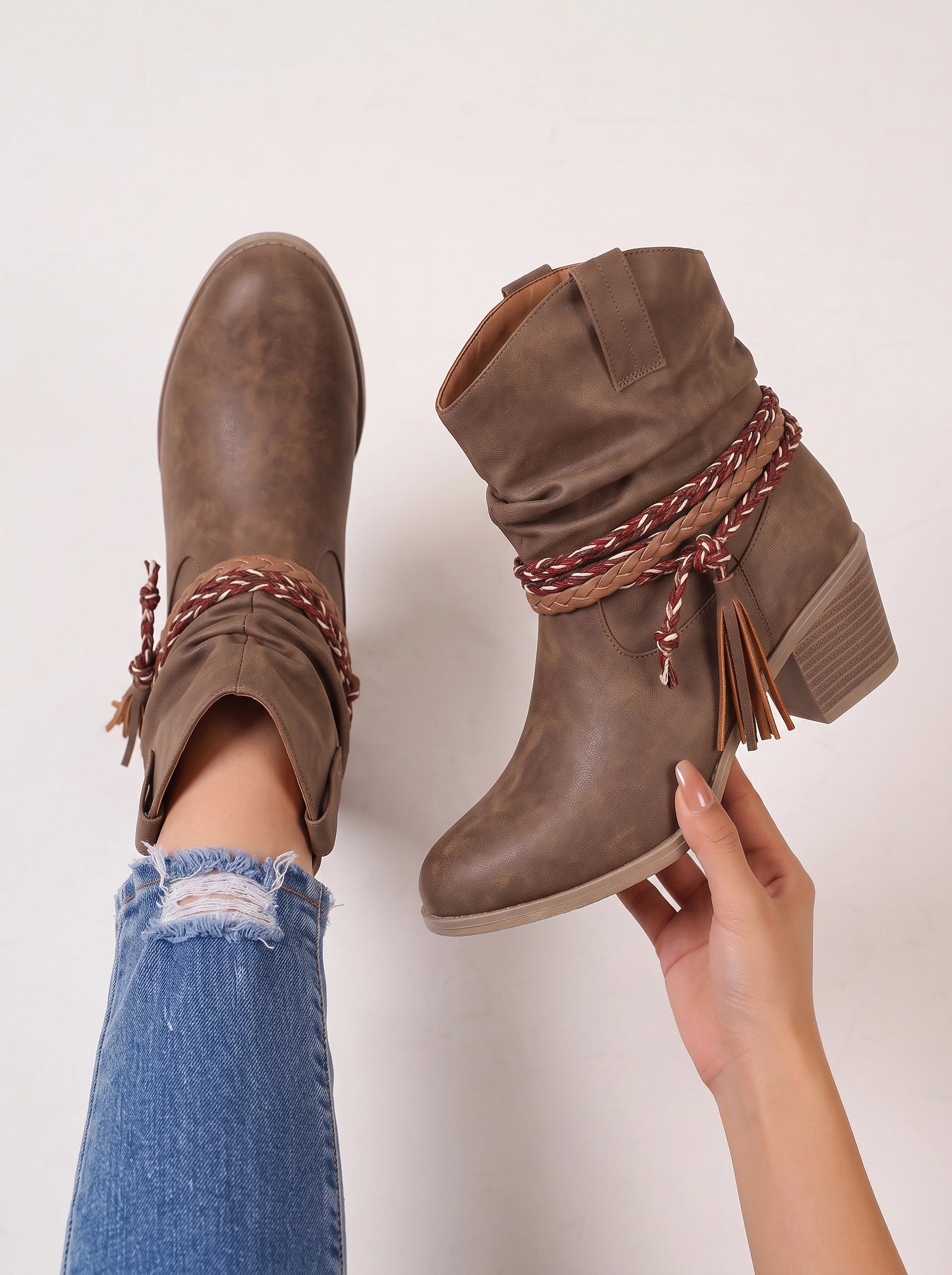 Cordalis Braided Strap Ankle Boots – Suede Ankle Boots Women Western Booties Block Heel Fall Footwear