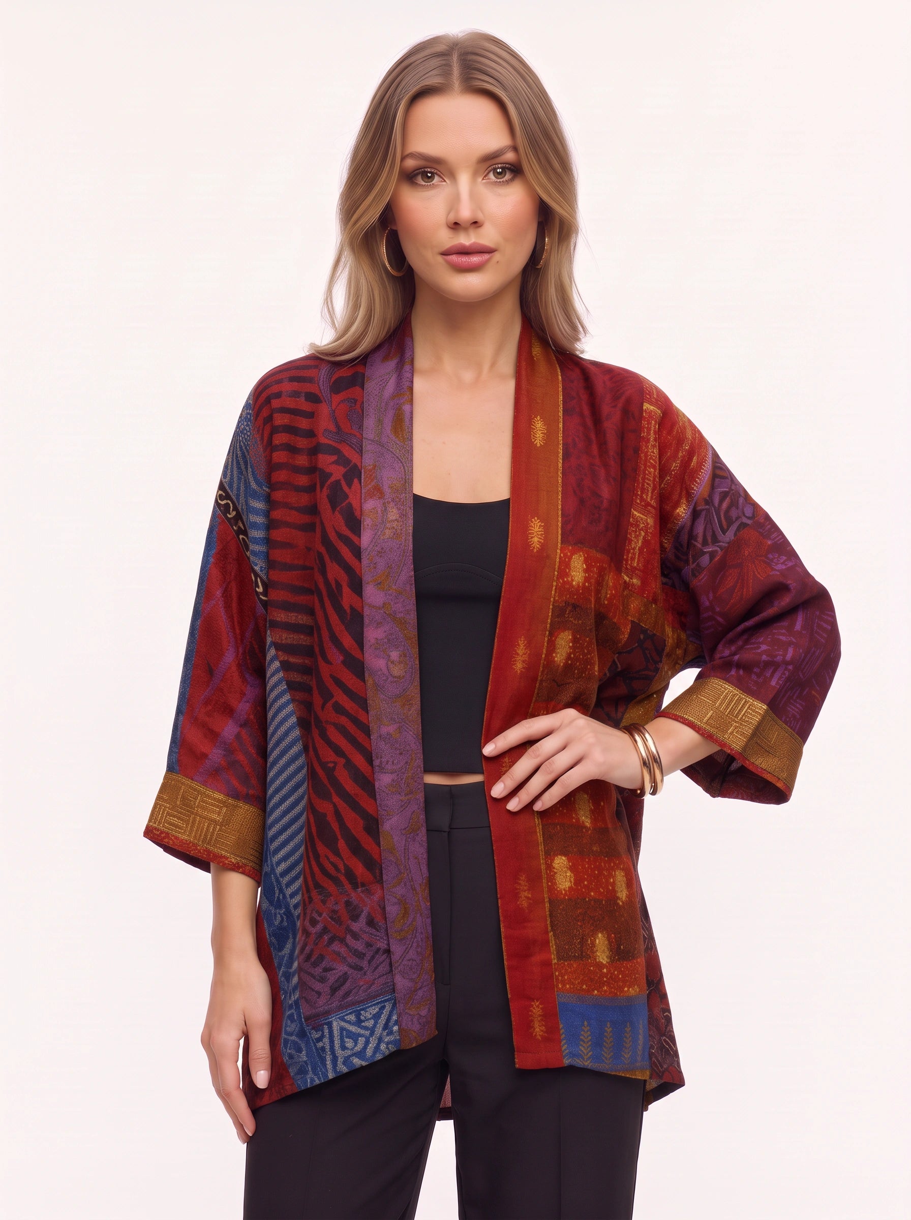Pavruna Kimono cardigan imprimé à col châle - Femme, style bohème automnal, ouvert sur le devant, léger et oversize