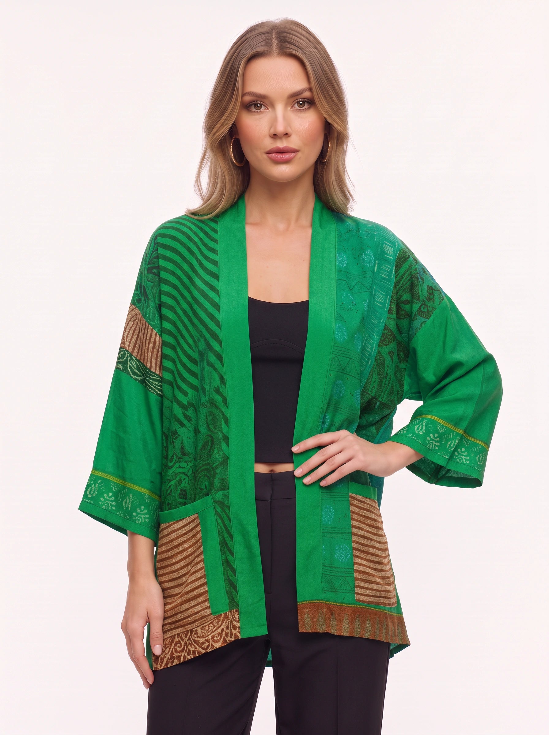 Pavruna Kimono cardigan imprimé à col châle - Femme, style bohème automnal, ouvert sur le devant, léger et oversize