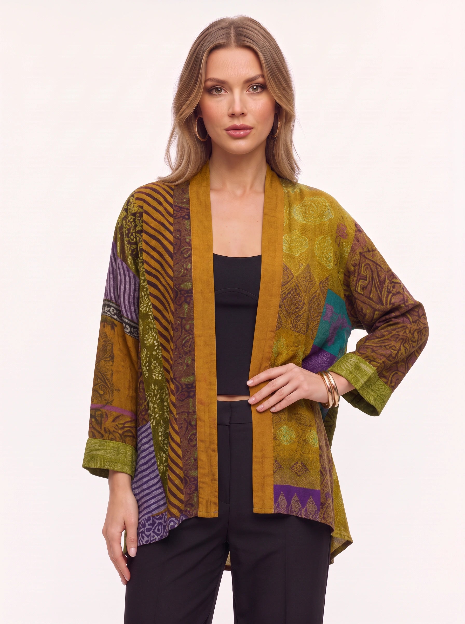 Pavruna Kimono cardigan imprimé à col châle - Femme, style bohème automnal, ouvert sur le devant, léger et oversize