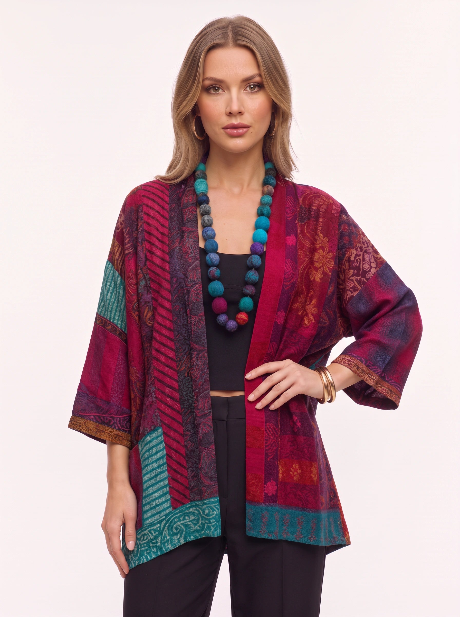 Pavruna Kimono cardigan imprimé à col châle - Femme, style bohème automnal, ouvert sur le devant, léger et oversize